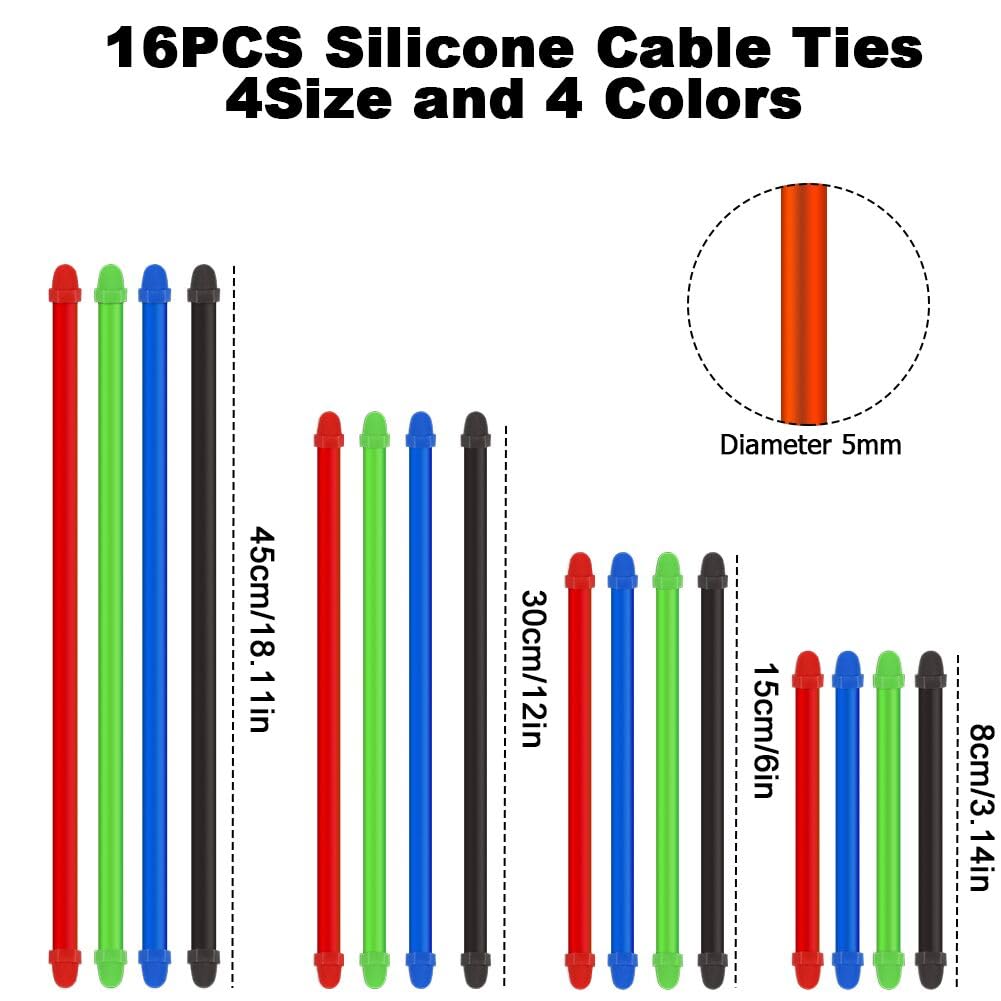 16PCS Silicone Cable Ties, SEILETOO Reusable Twist Ties for Bundling and Holding, Bendable Cable Ties, Cord Ties for Electronics, Stuff, Book Markers