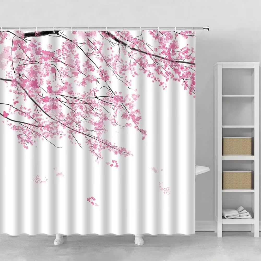 Generico Tenda Doccia con Fiori di Ciliegio Rosa (Sakura), Stampa di Un Giardino Rustico Giapponese con Fiori di Ciliegio, Impermeabile e Antimuffa, In Tessuto di Poliestere. 240 X 190 Cm