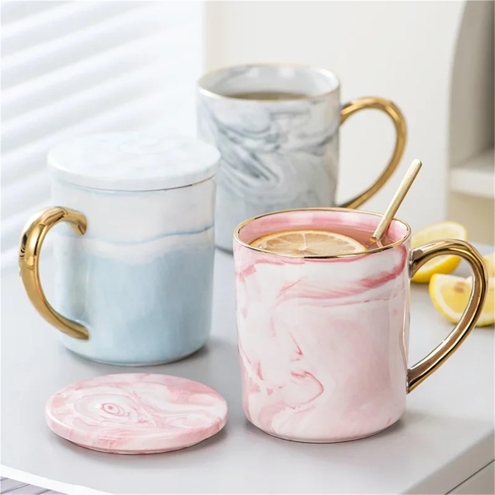 400 ml marmorierte Keramiktasse mit Goldrand, nordische Kaffeetasse, Paar, Jubiläumsgeschenk, Frühstück, Haferflocken, Milchbecher, Geschenk(Grey Only Cup)