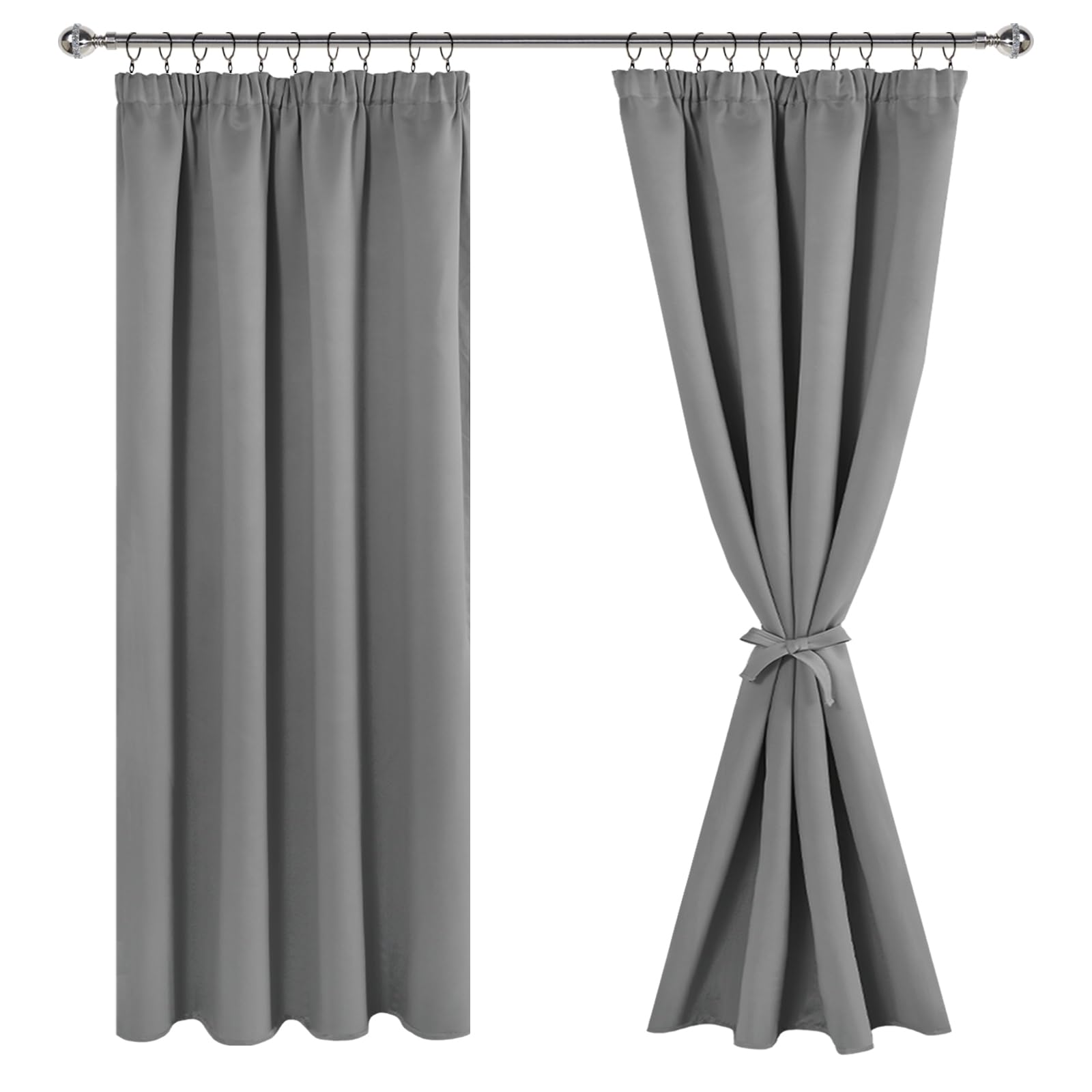 JIUZHEN Curtains with Ruffle Tape, Blackout Curtains, Living Room Curtain, Opaque Curtains, Bedroom, Thermal Curtain, Grey