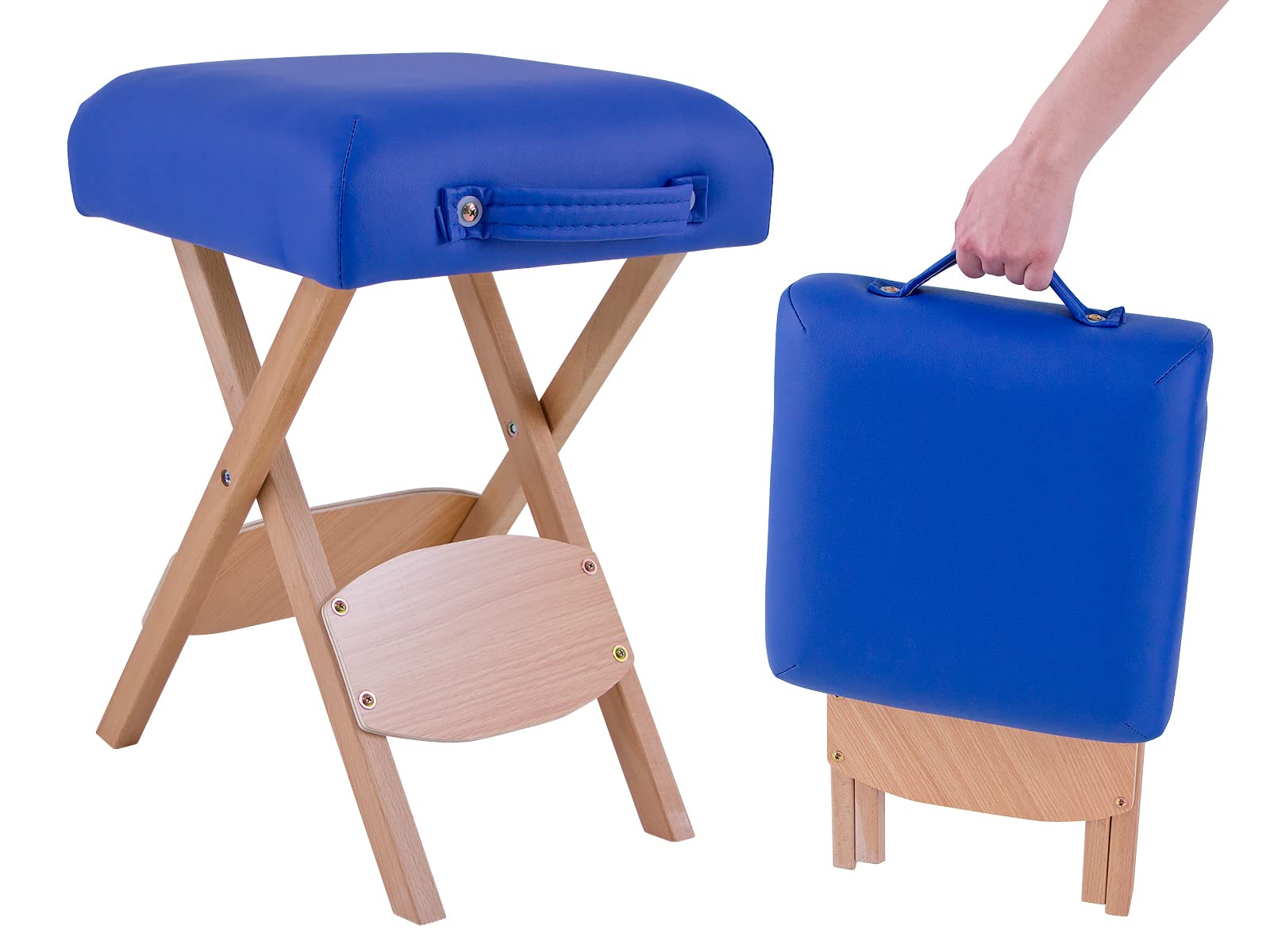 QUIRUMED Taburete Plegable de Madera con Asiento, Tapizado en Color Azul, Multiusos, Mesa Auxiliar, Reposapiés, Polipiel, Transportable, hasta 100 kg, 33 x 33 x 48