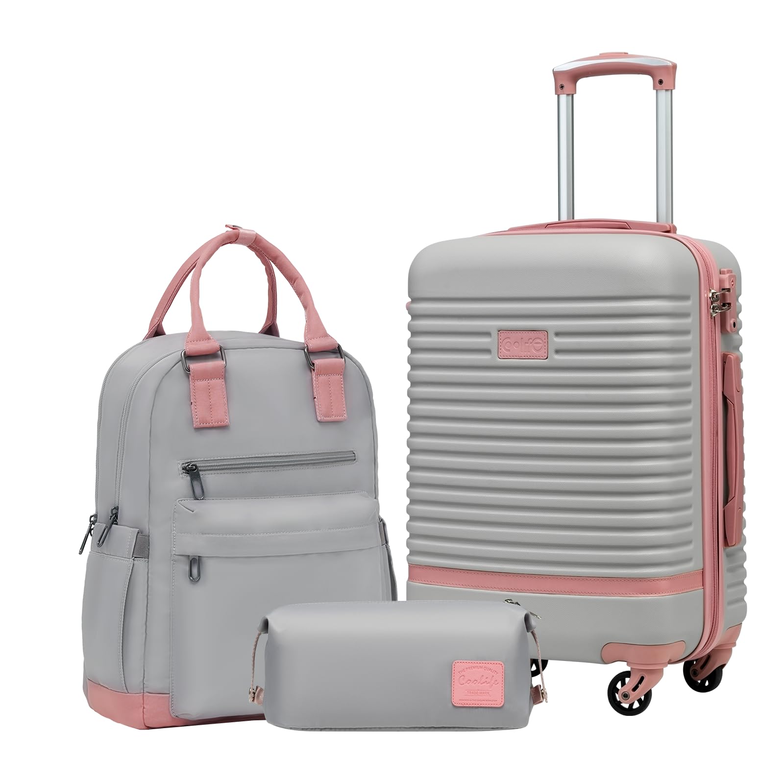 COOLIFE Suitcase Trolley Carry On Hand Cabin Luggage Hard Shell Travel Bag Lightweight,The Suitcase Included 1pcs Travel Backpack and 1pcs Toiletry Bag (Pink/Grey, 20 Inch Luggage Set)