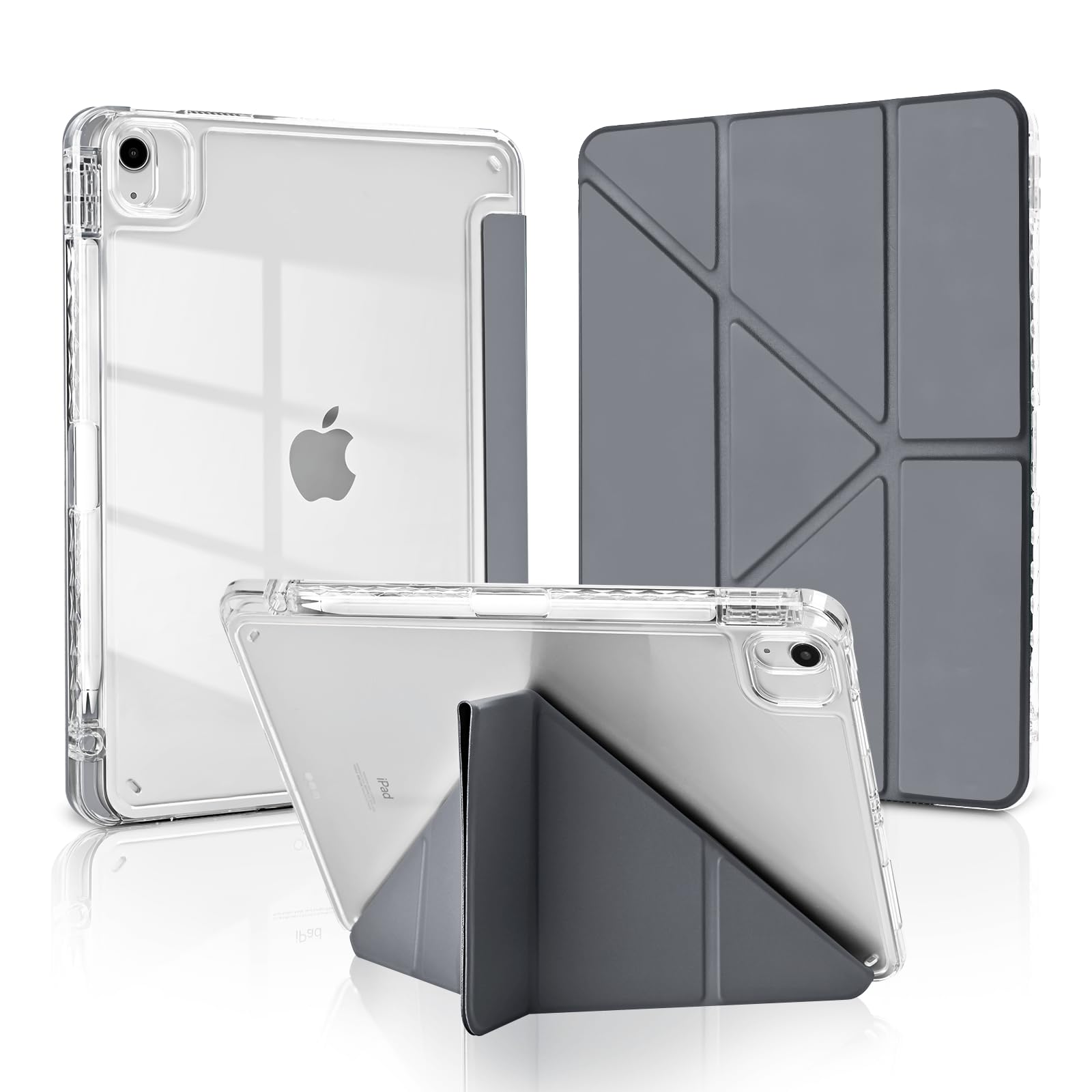 MuyDoux Etui Origami do 11-calowego iPada Air M3 M2 7/6 Gen 2025/2024 i 10,9-calowego iPada Air 4 5 2020/2022 z uchwytem na rysik, 5 kątów widzenia origami, odporna na wstrząsy przezroczysta tylna
