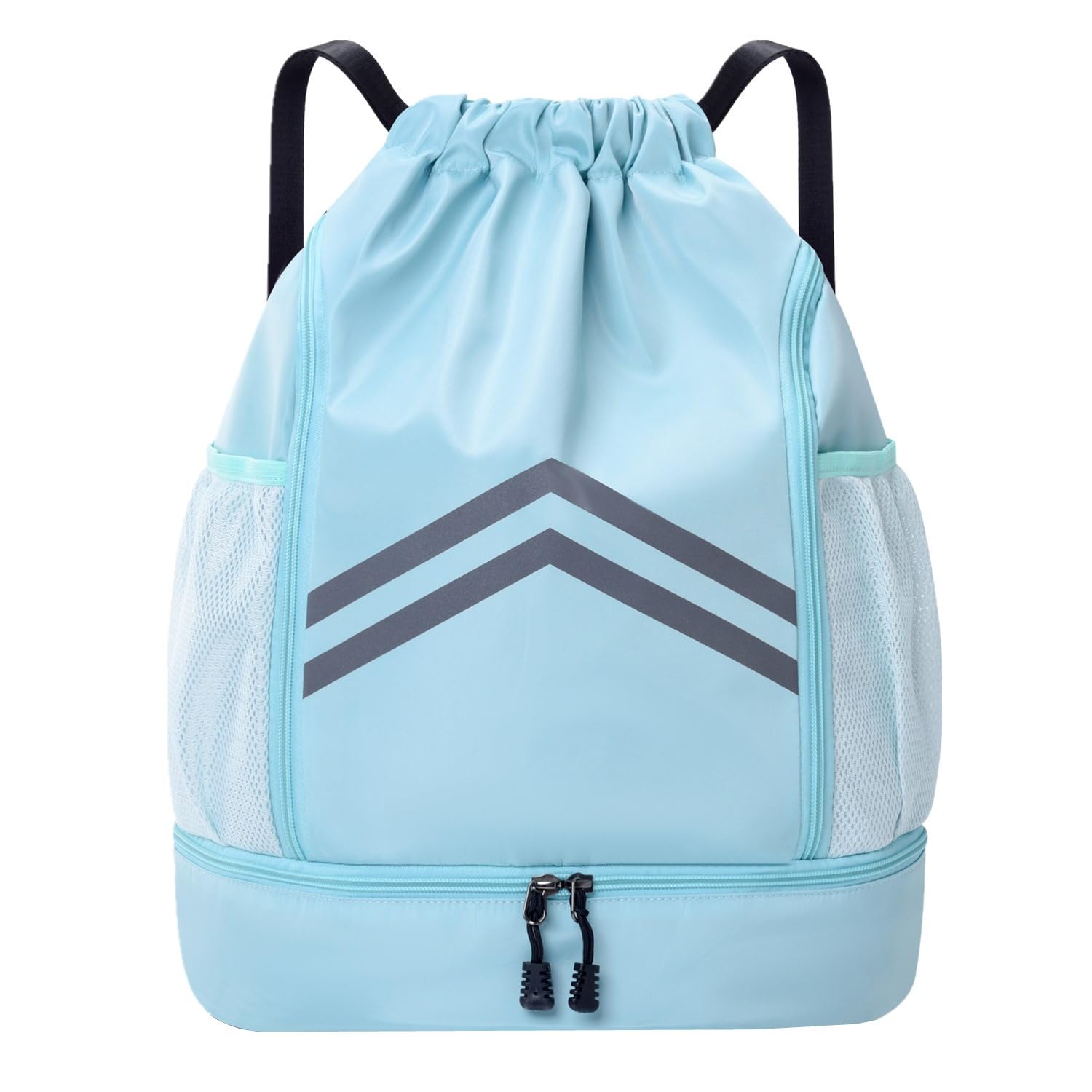 Gbateri Drawstring Backpack - Water Resistant Gym Drawstring Bags with Shoes Compartment and Water Bottle Holder Pockets - String Cinch Bag - Draw String Back Pack for Men and Women (Light Blue)