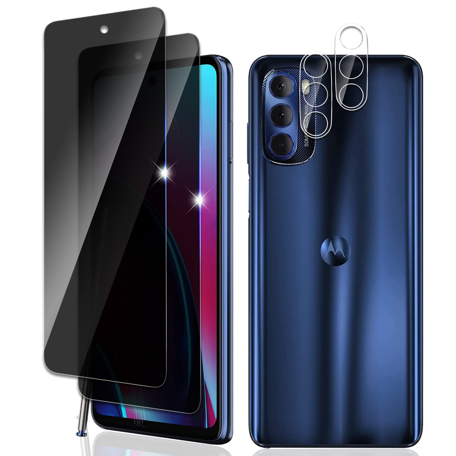 [2+2] 2Pack Privacy Screen Protector for Moto G Stylus 5G 2022, with 2 Packs Camera Lens Protector 2.5D Edge 9H Hardness Tempered Glass Screen Protector Film, [Anti-Scratch] [Bubble Free] Easy Installation Compatible with Moto G Stylus 5G 2022