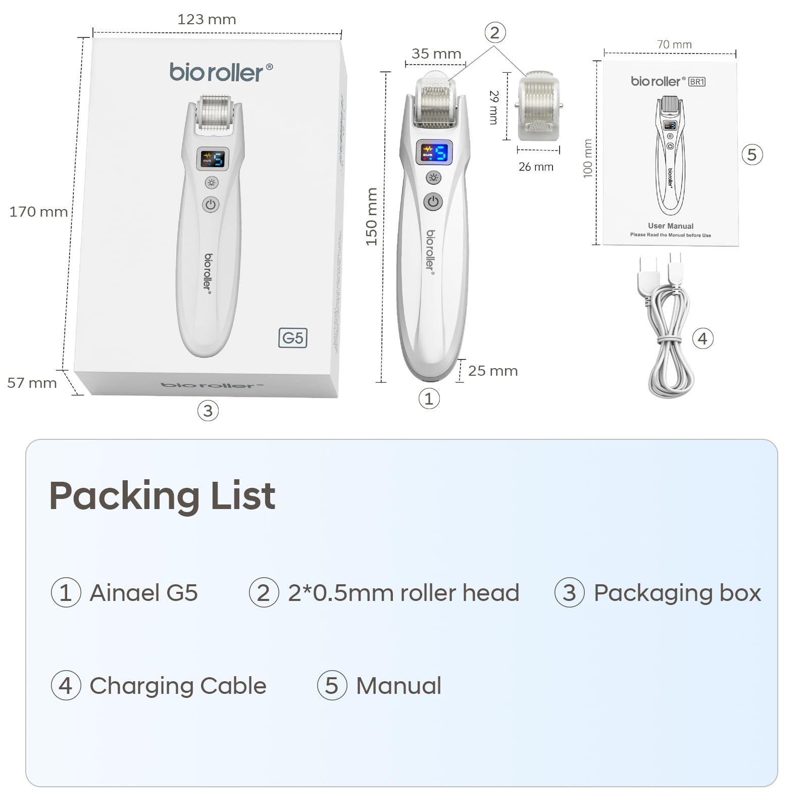 G5 Microneedling Roller Pen — Elektrisches Microneedling Set, 5 EMS Stufen & Rot Blau LED Vibration, geeignet für Gesicht, Körper, Haare & Bart – 2 Patronen