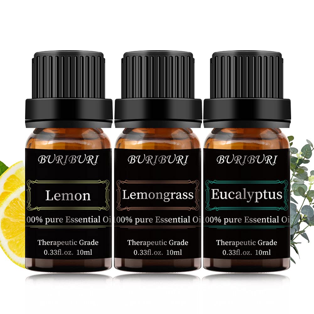 BURIBURI Lemongrass, Eucalyptus and Lemon Essential Oil Set, 100% Pure 3Pcs Essential Oils Gift Set for Diffusers