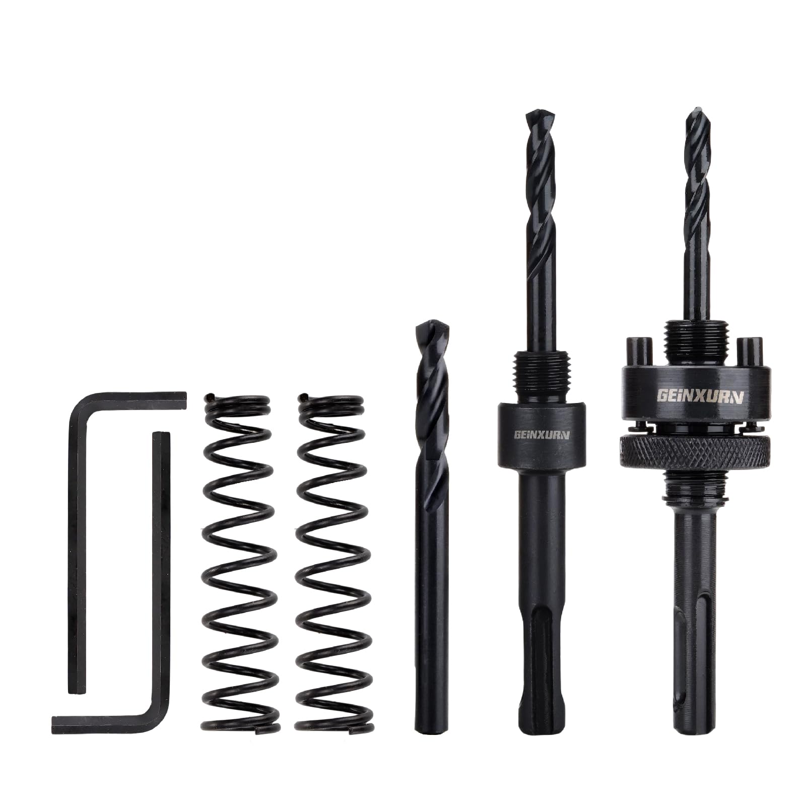 GEINXURN SDS-Plus Hole Saw Mandrel, Include 2Pcs Hole Saw Arbors with 3Pcs 1/4 Inch HSS(M2) Central Drill/2PCS Hex wrench/2Pcs Spring