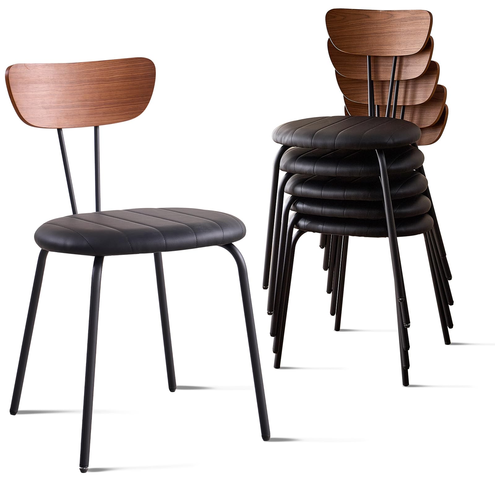 Lecafur HL Stackable Dining Chair Set of 6, Small Modern Kitchen Chair with Solid Wood Back, Space Saving Chairs for Apartment Living Room, Black