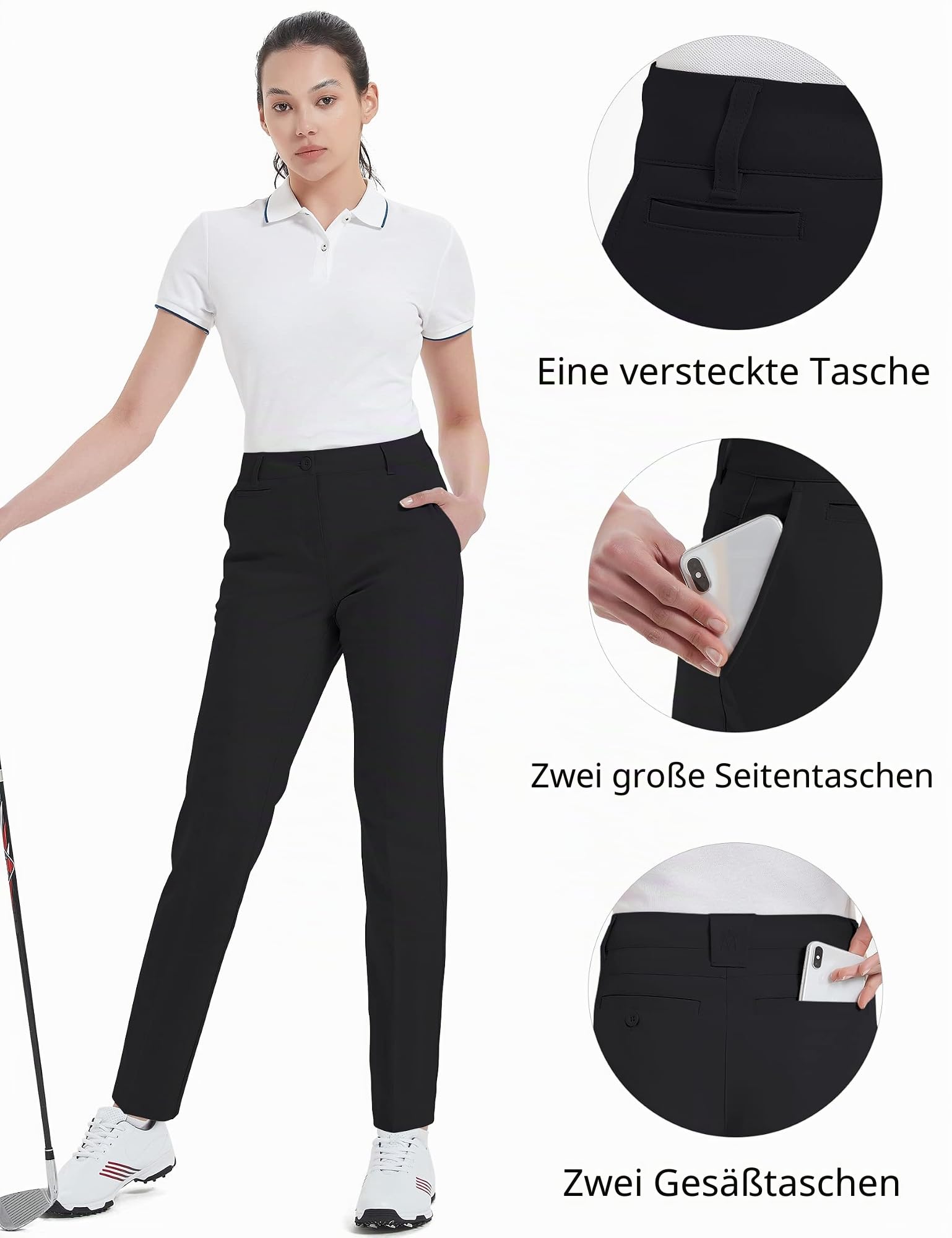 Damen-Golfhose, Stretch, gerade, leicht, atmungsaktiv, Twill, Funktionshose - Schwarz - 42