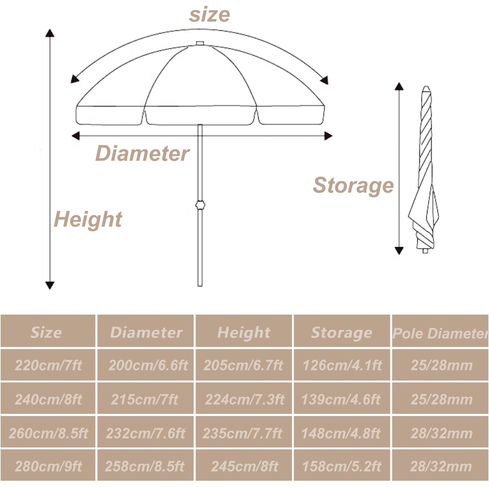 Parasol ogrodowy 220-280 cm, okrągły parasol stołowy ze stalowym słupkiem i regulacją wysokości, ochrona UPF50+, do ogrodu na zewnątrz(240cm/8ft)