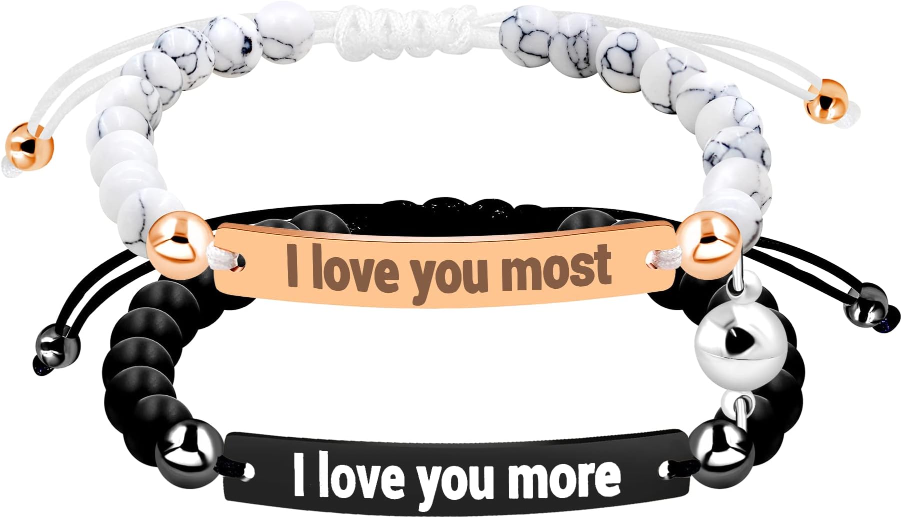 Personalized ID Couple Bracelets with Magnet, Stainless Steel and Natural Bead, Custom Engraving Handmade Braided Rope Wrist Bangle for Men Women Friendship