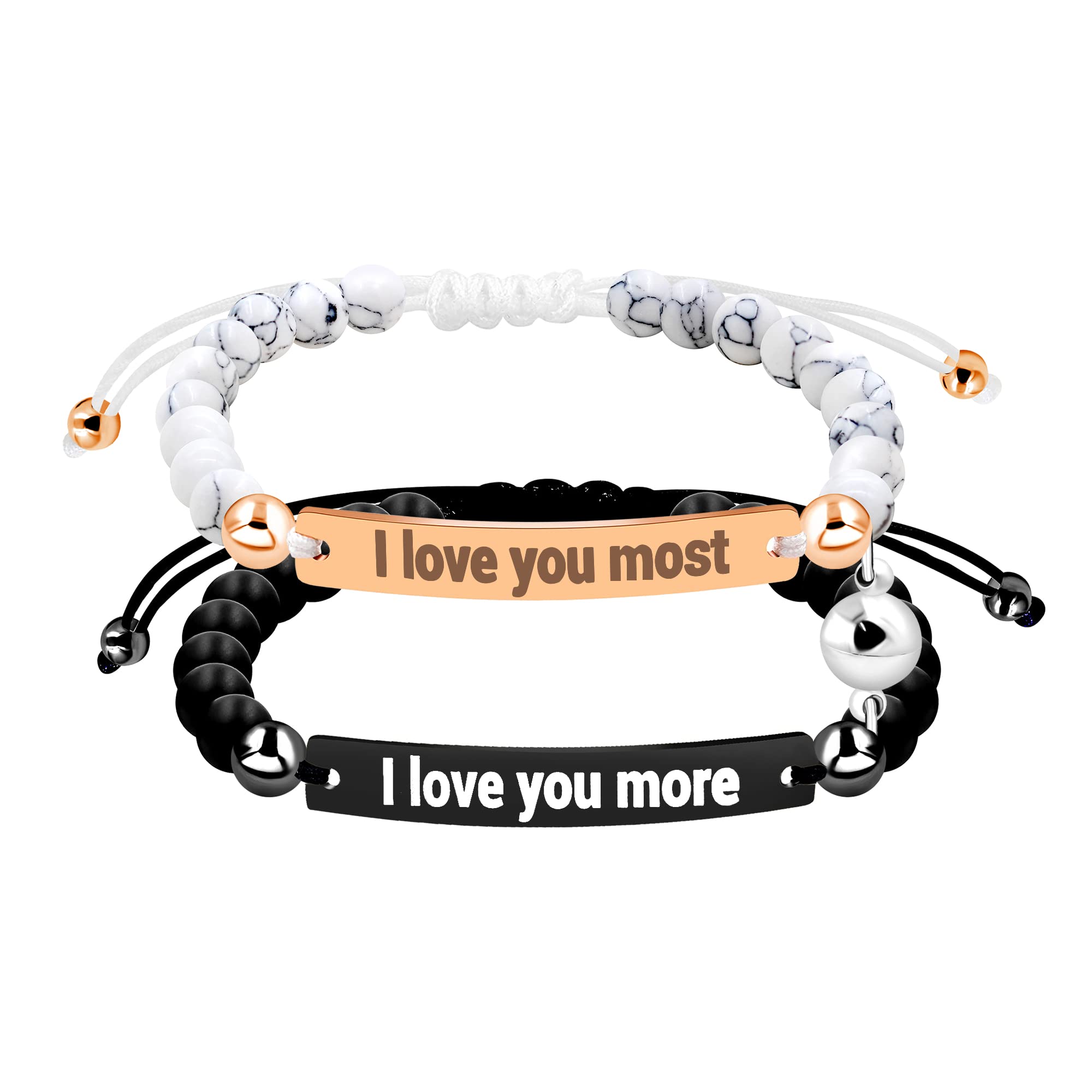 Uloveido Personalized ID Couple Bracelets with Magnet, Stainless Steel and Natural Bead, Custom Engraving Handmade Braided Rope Wrist Bangle for Men Women Friendship