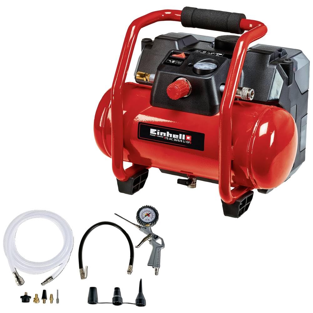Einhell Cordless Compressor TE-AC 36/6/8 Li OF Set PXC (2 x 18 V, Lithium-ion, Maximum 8 bar, 6 Litre Tank, Oil-Free Motor, Include Acessories, Supplied without a Battery or Charger)
