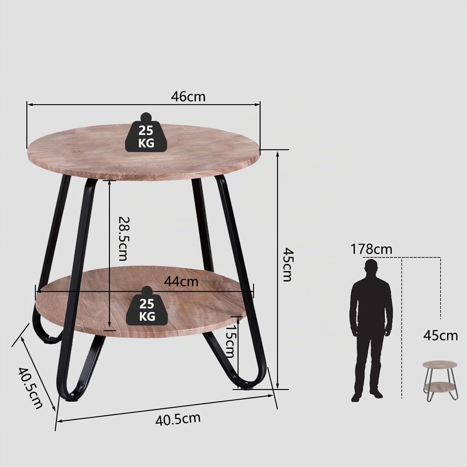 MEUBLE Cosy Mesa Auxiliar Redonda Mesita de Noche con Repisa para Salón Dormitorio, Escandinavo, Marco de Metal