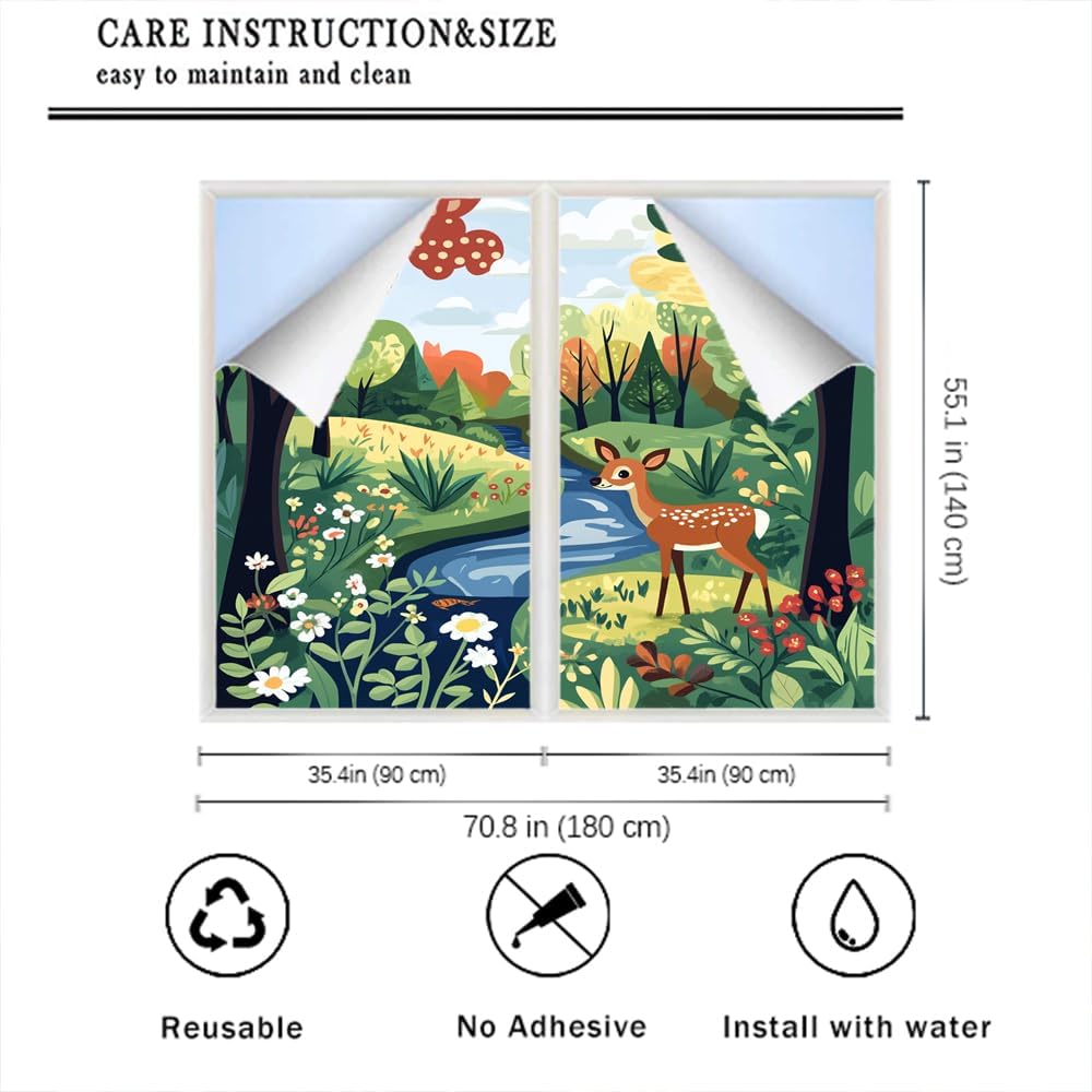 Country Deer Window Privacy Film Spring Forest Flower Tree River Colorful Stained Glass Window Film Decorative Window Sticker for Home Window&Glass Door, Sun Blocking 35.4Wx55.1L inch x 2pcs