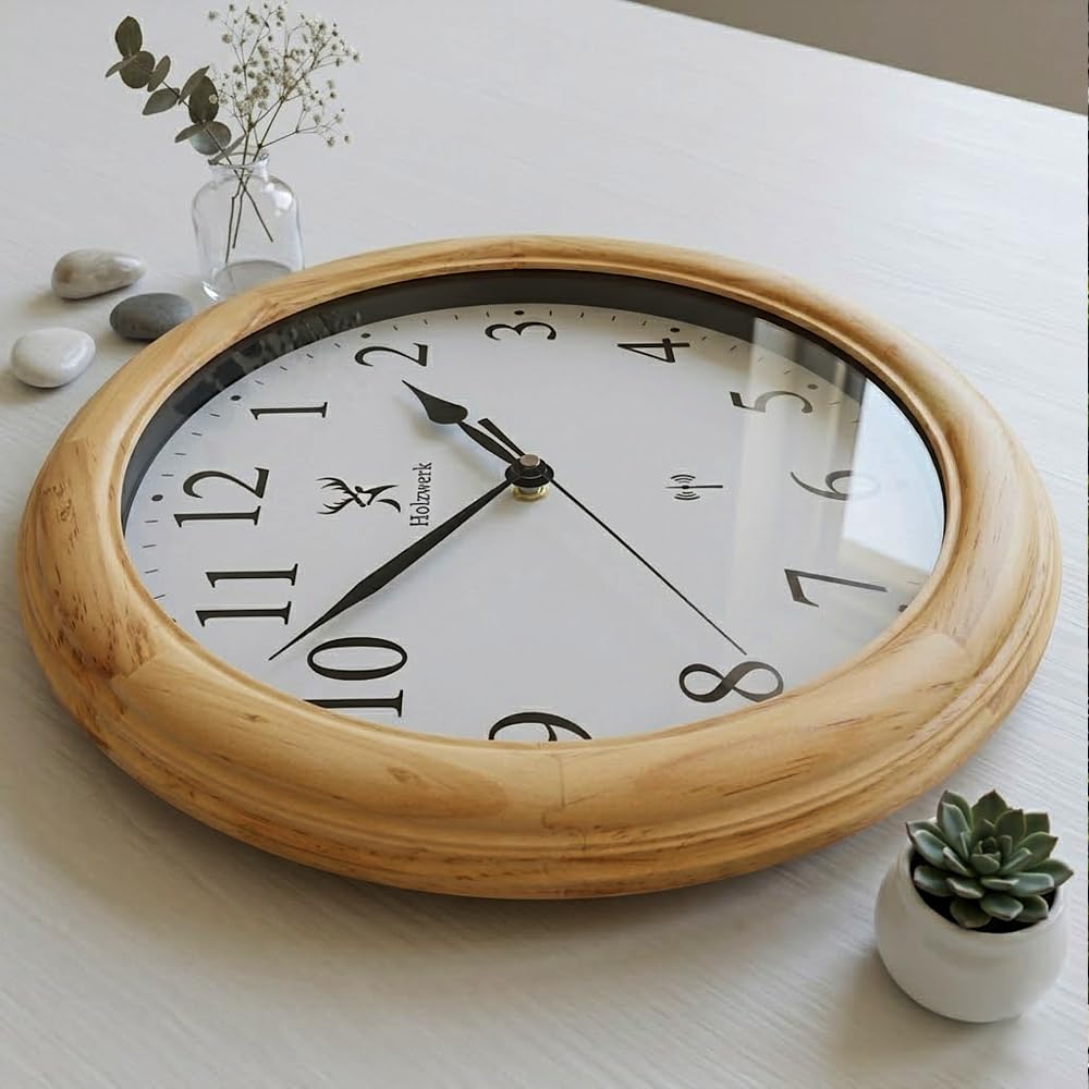 Holzwerk SONNEBERG (Funk) Natur Vintage Retro Holz Funk Wanduhr Glas Holz-Uhr Funkwanduhr Funkuhr nahezu lautloses Uhrwerk Massivholz 14 Zoll 35cm Braun Beige Buche große Ziffern