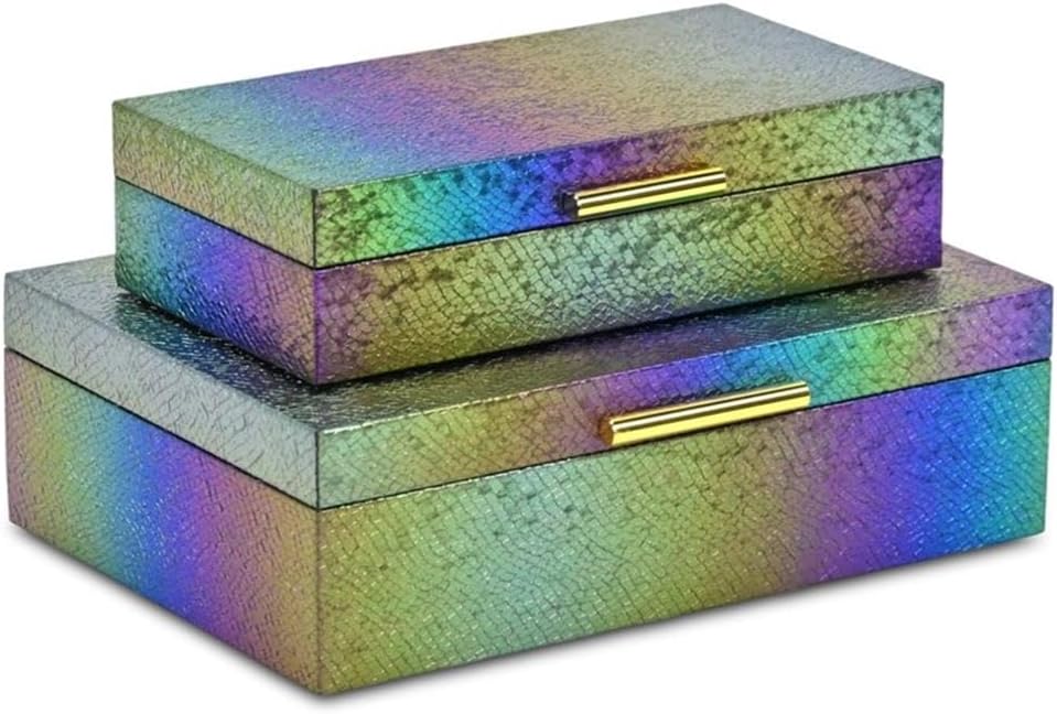Pemberly Row Seascale Pattern Nested Box Set, Engineered Wood and Vinyl, Iridescent Rainbow Finish with Gold Handles, 2-Piece Decorative Storage for Jewelry, Office Supplies, Small Keepsakes