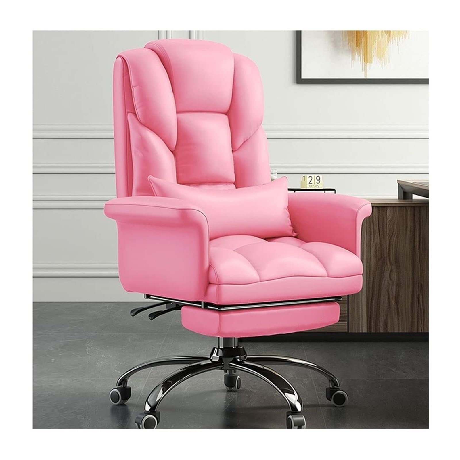 HTTGDGDH High Back Executive Chair - Pu Leather Office Chair With Swivel Rocking Function Adjustable Height & Footrest - Ergonomic Support For Home & Office Brown,Pink+footrest