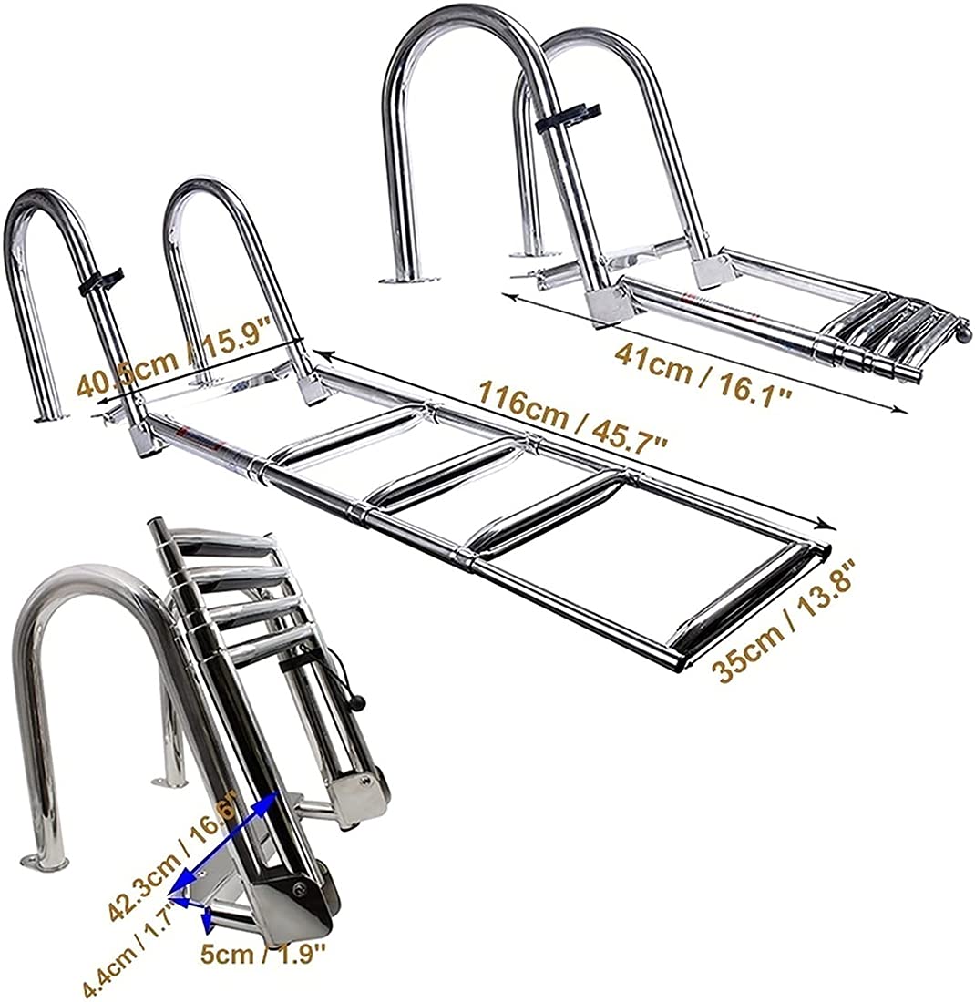 Scaletta da Bagno Scala Telescopica per Barca 4 Gradini Piscina/Barca, Pontoon Marine Pieghevole Yacht Pontone con Ingresso A Poppa Maniglie E Ampio Pedale