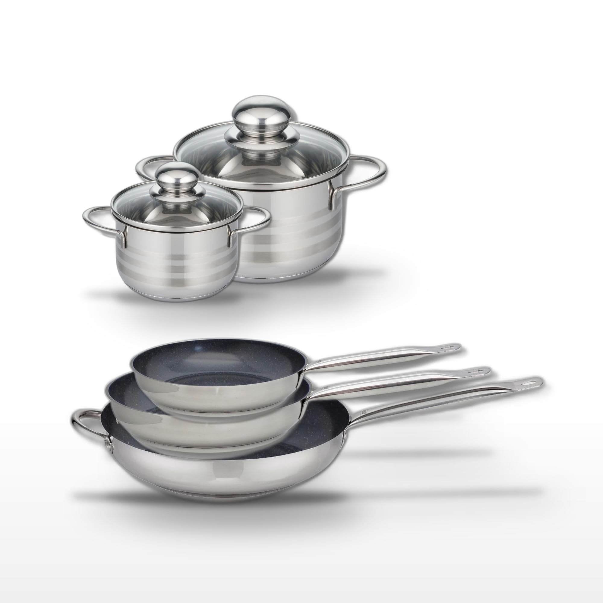 Elo Batterie cuisine 3 poêles 24/28/32 cm et 2 faitouts 12/16 cm | Lot complet pour équiper la cuisson, 3 poêles 24 28 32 cm et 2 faitouts 12 16 cm, Inox, Tous feux dont induction
