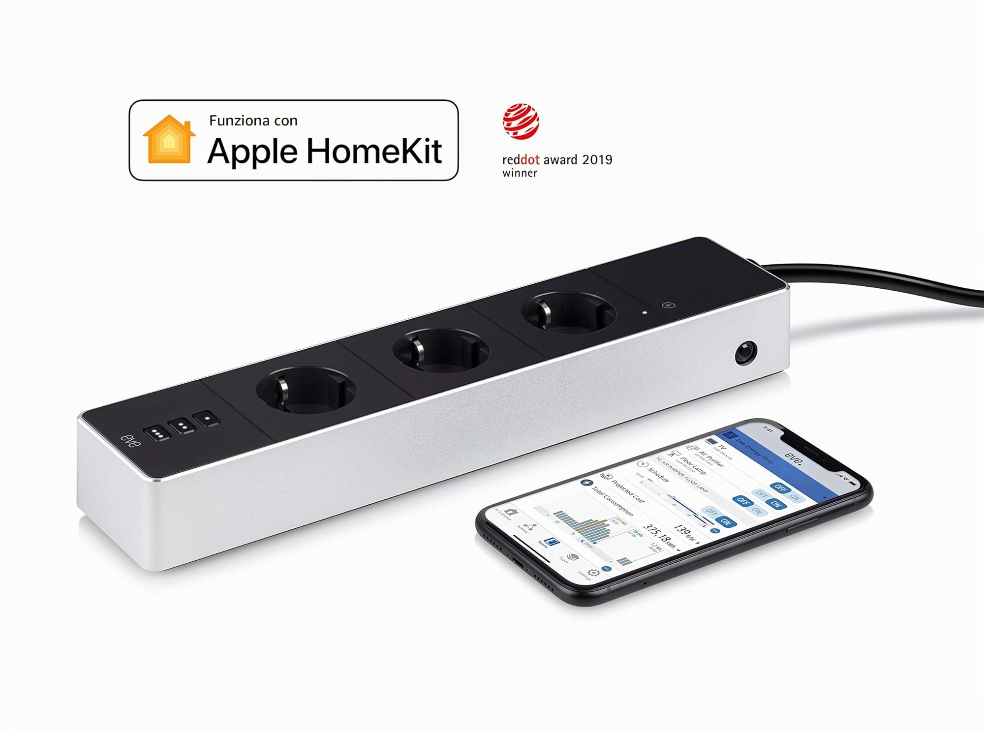 Eve Energy Strip - Presa tripla intelligente e misuratore di energia con protezione da sovratensione e sovracorrente e tecnologia Apple HomeKit