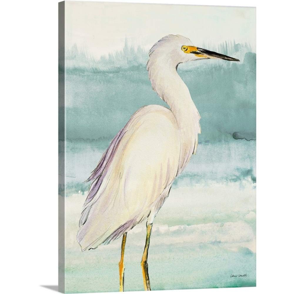 CANVAS ON DEMAND Heron On Seaglass II Canvas Wall Art Print by Lanie Loreth, Coastal, Contemporary, Home Decor, Wildlife, Nautical Artwork,36" x48in