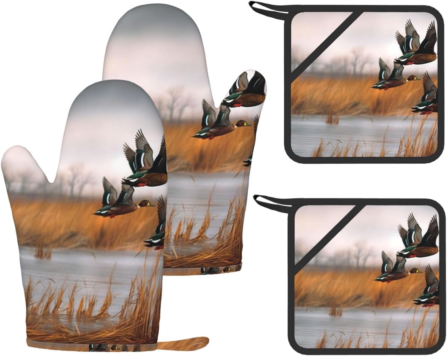 Hunting Flying Wild Duck 4pcs Oven Mitts and Pot Holders Sets for Kitchen, Silicone Oven Gloves Non-Slip Potholders Hot Pads for Baking Cooking