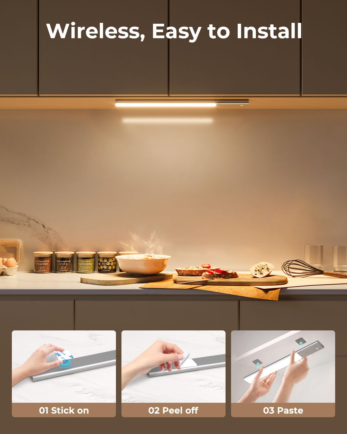 FULEN Lámpara LED Recargable, Barra LED de 38CM para Cocina con Detector de Movimiento Interior, Luz LED Sin Cables con Batería de 3500mAh, Iluminación LED para Debajo del Mueble de Cocina, 3