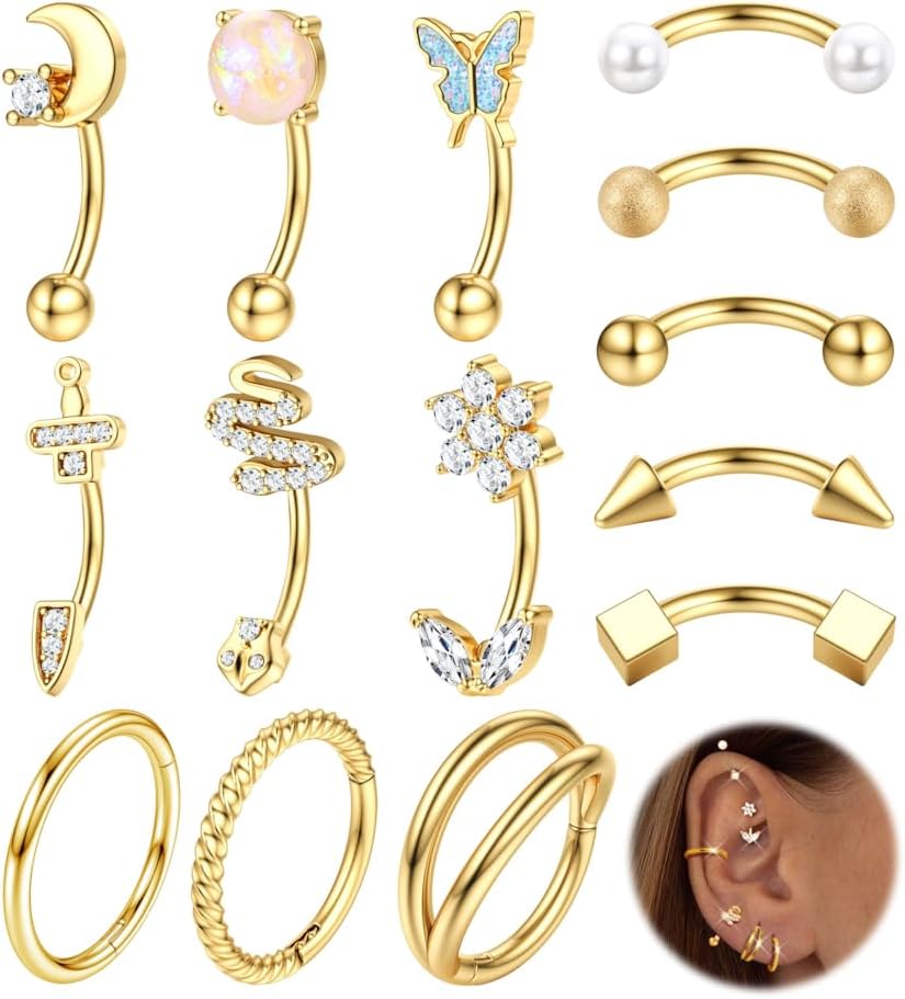 ORAZIO 14 PCS Rook Piercing Jewelry Surgical Steel Eyebrow Piercing 16G Rook Earrings for Women Curved Barbells Eyebrow Rings Belly Lip Ring Cartilage Daith Helix Tragus Body Piercings