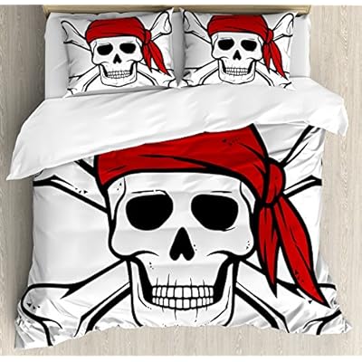 Ambesonne Pirate Duvet Cover Set, Dead Pirate Skull and Crossbones Red Bandana Scary Bandit Warning Piracy, Decorative 3… 6121T2hYyHL. SS400