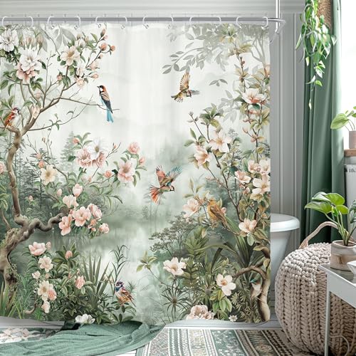 Riyidecor Vintage Floral Birds Shower Curtain for Bathroom Decor 72Wx72H Asian Style Vibrant Flower Botanical Trees Branch Peony Natural Art Printed Fabric Polyester Waterproof 12 Pack Plastic Hooks
