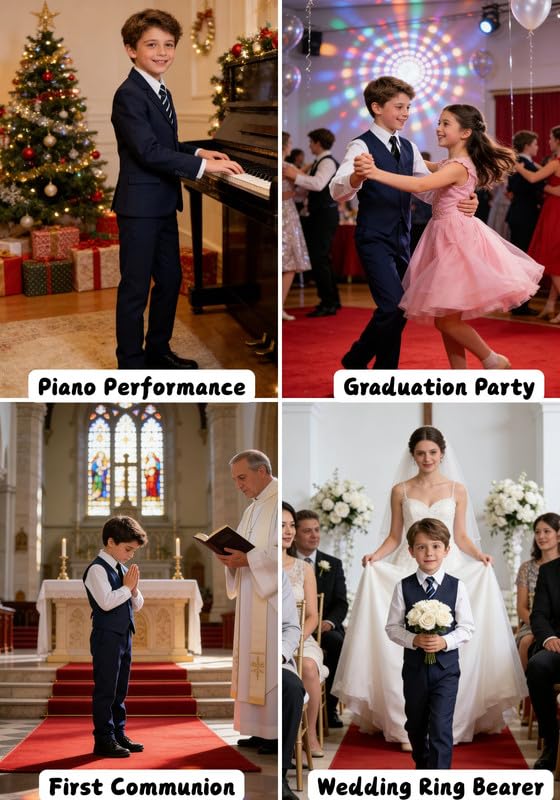Image of Visaccy Boys Formal Suit Slim Fit Tuxedo Suits for Kids Ring Bearer Outfit | Toddler Boy Suits Set,Adjustable Waist,Dress Clothes