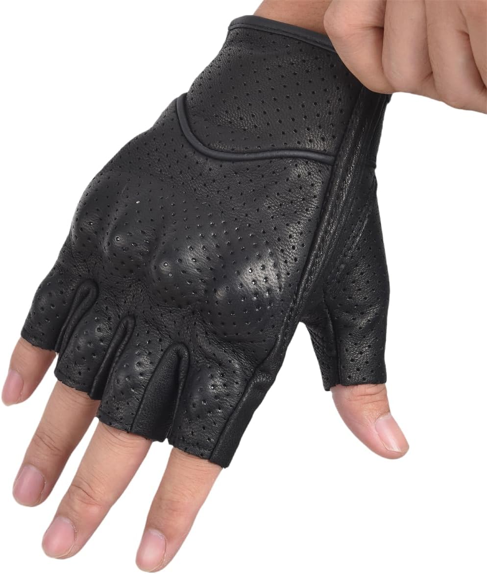 Fingerless Leather Gloves for Men Black Breathable Leather Riding Perforated Motorcycle Gloves Summer Driving Cycling Half Finger - Image 4