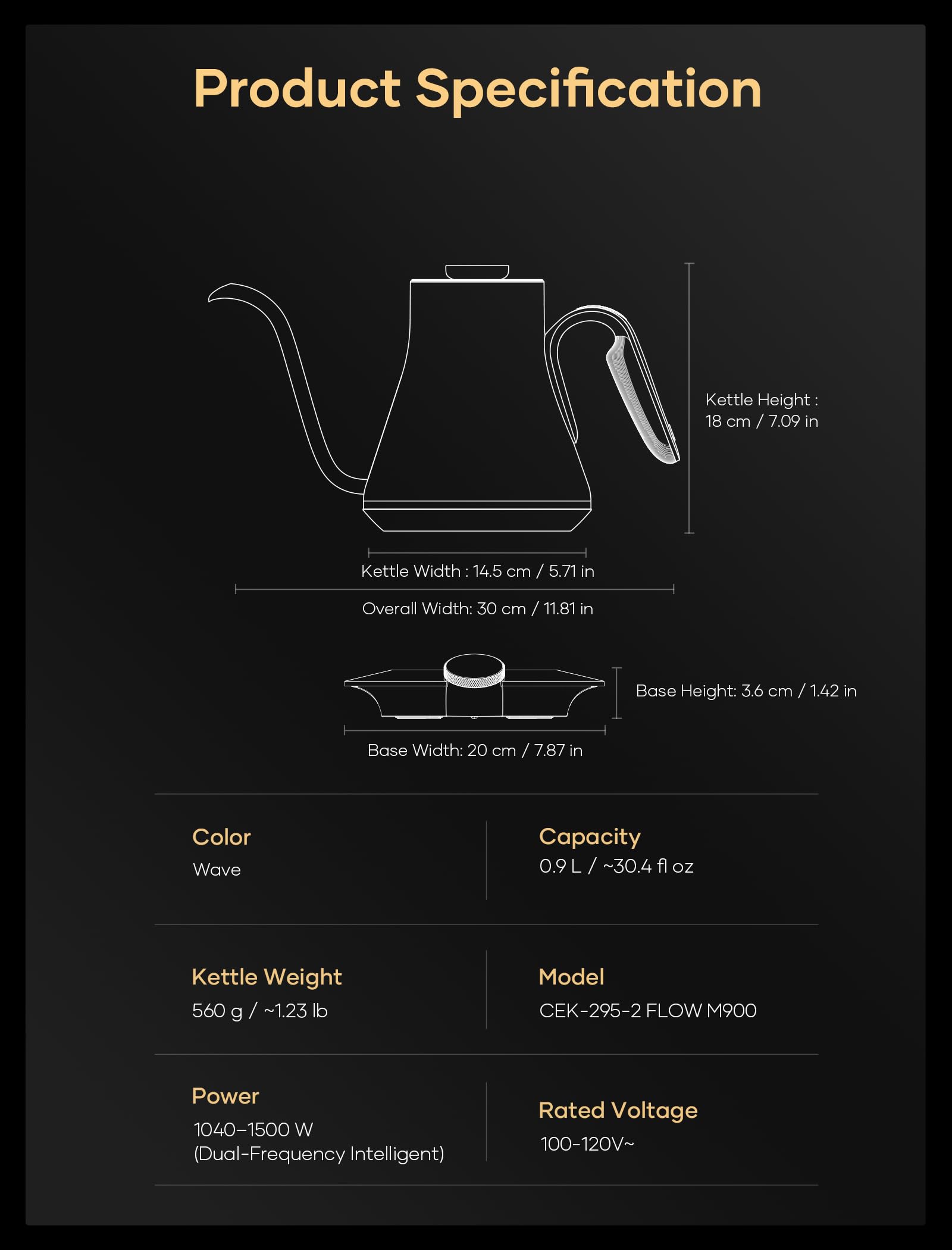 Cocinare Artisan Collection Gooseneck Electric Kettle, ±0.5°F Temperature Control for Pour Over Coffee & Tea, 1500W Quick Heating, Stainless Steel Interior, 0.9L, Wave Design
