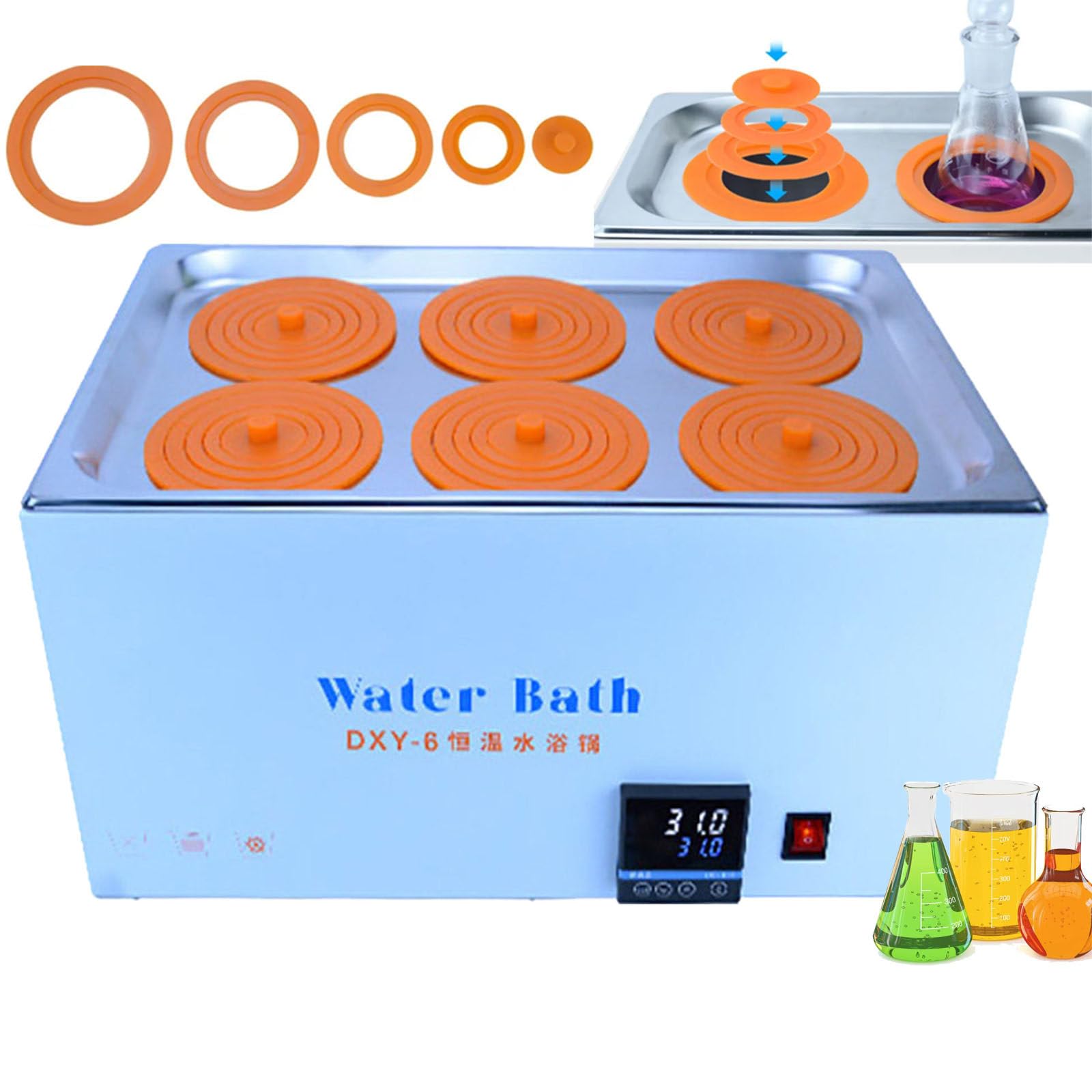 BañO De Agua De Laboratorio, BañO María TermostáTico Digital De 2/4/6 Orificios, RT 5 °C ~ 99,9 °C | Temporizador De 0~999 Minutos | Función AutomáTica De Quemado Antiseco.,6Holes