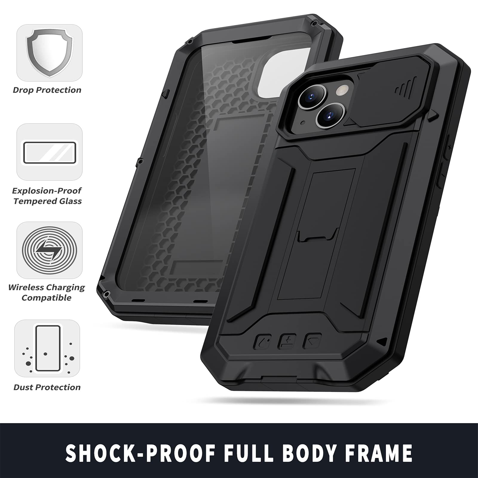 Funda para iPhone 13/13 Pro/13 mini/13 Pro Max/13 Mini, [Protección de la cámara] [Anti-Polvo & Anti-Arañazos] Heavy Duty Metal Bumper Antichoque Case con Soporte