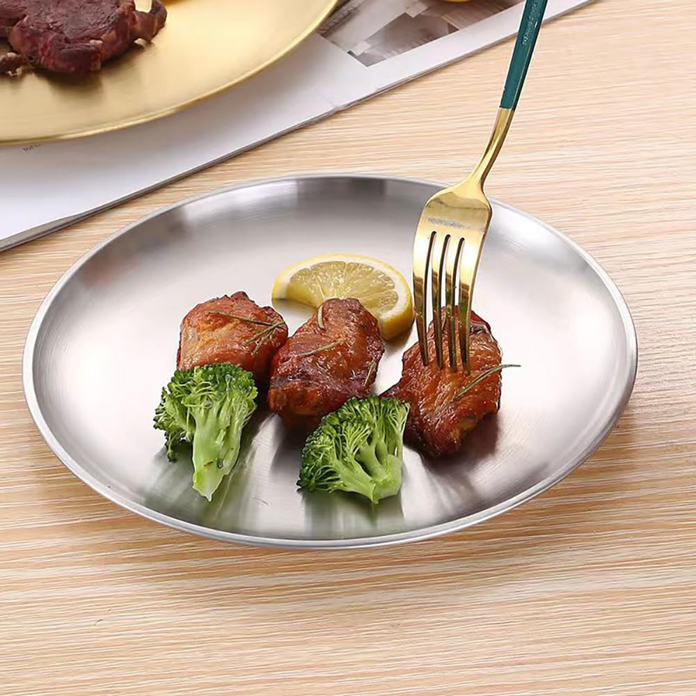 3 Pezzi Piatti Rotonde in Acciaio Inox 20 cm Vassoio Portaoggetti in Metallo Decorativo Rotondo Piastra per Cucina, Sala da Pranzo, Campeggio, Feste