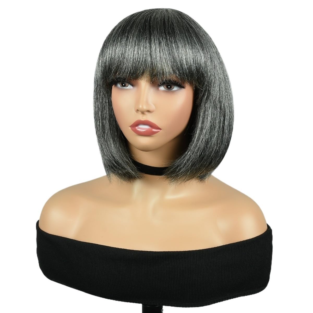 xiuling4568 Human Hair Wig with Bangs-Natural Straight for Women,10 Inch Ready to Go Glueless Bob Wigs 150 Density Hairs Extensions(Salt+Pepper)