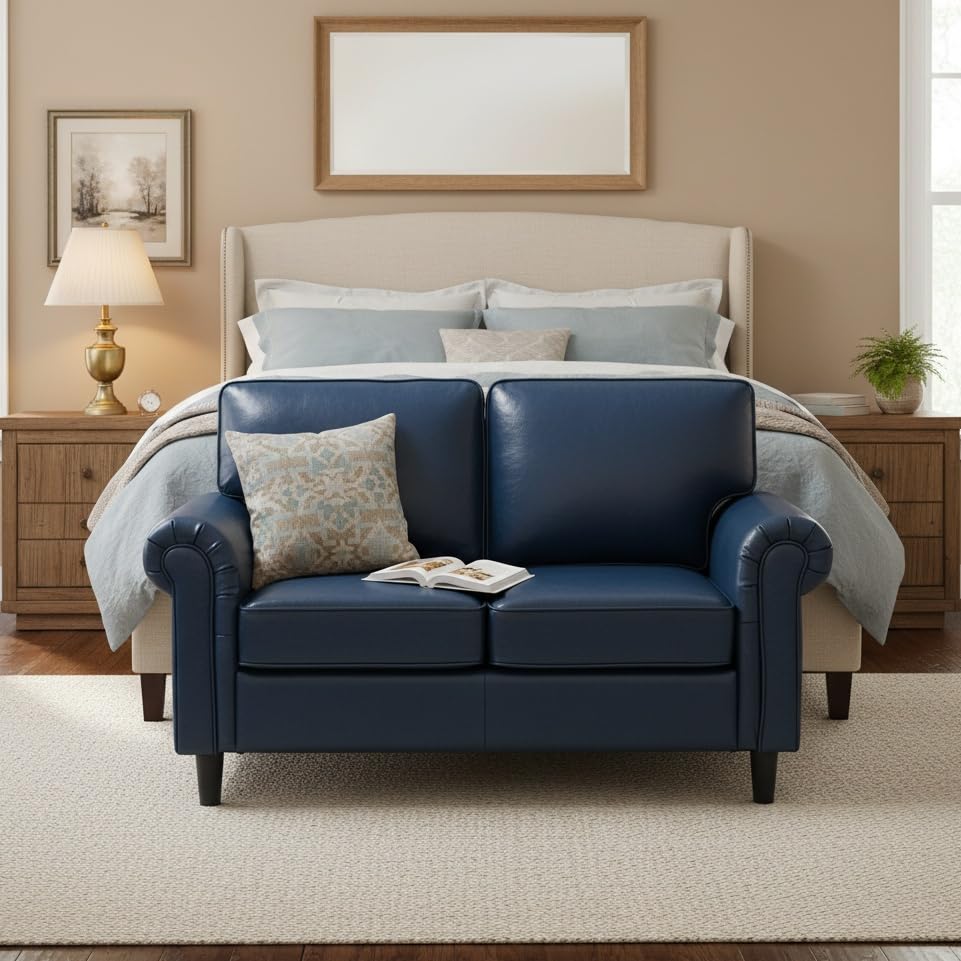 Image of Kingfun Loveseat 2 Seater Couch, Mid Century Modern Faux Leather Sofa with Rolled Arms and Deep Seats, Fluffy Comfort for Living Room, Apartment, Easy Assembly, Blue
