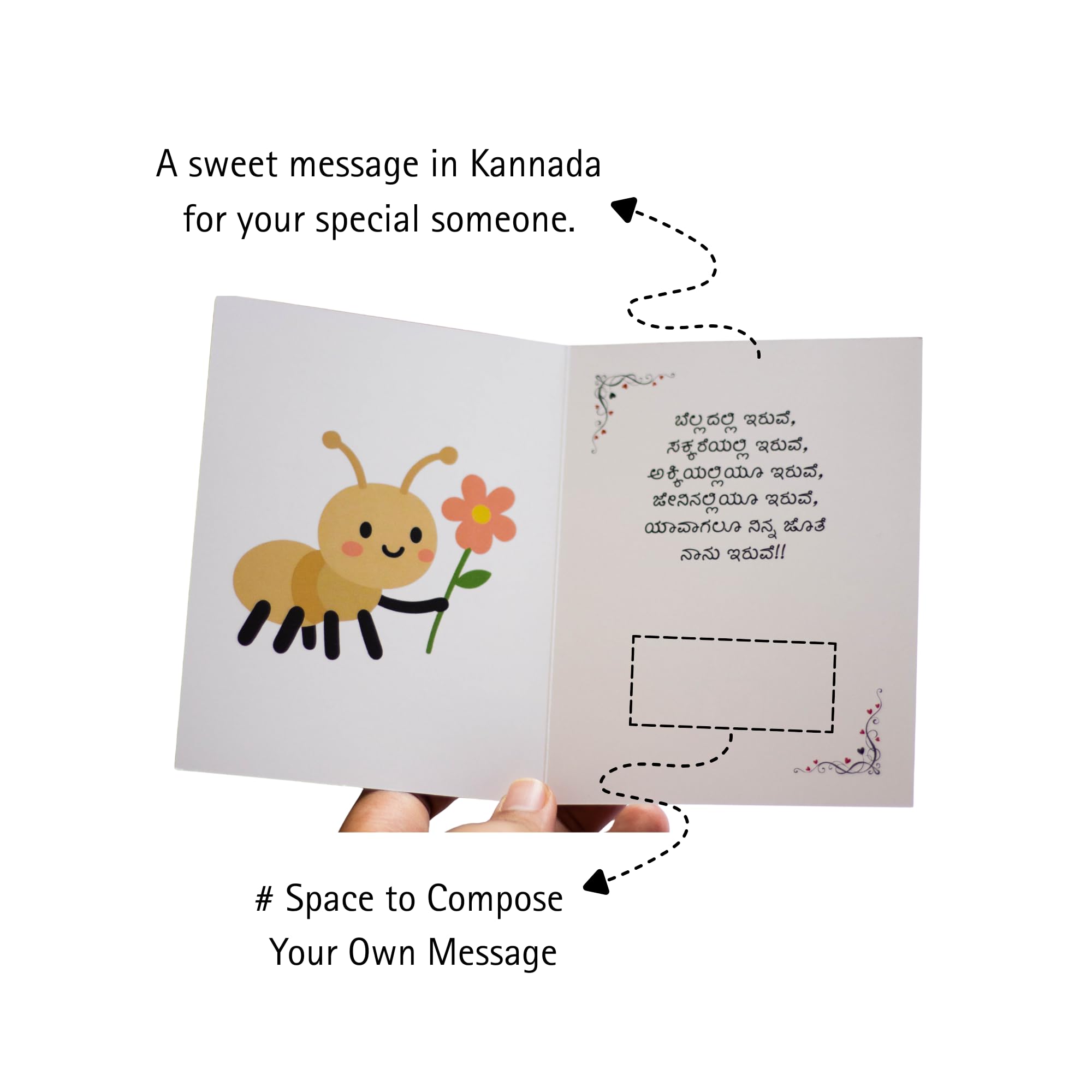 BUTTERCUP & BUBBLES Ishta Iruve Kannada Greeting Card with Cute Ants Design, Premium 350 GSM Matte Paper, 13.9 x 10.7 cm, Includes Matching Envelope 3