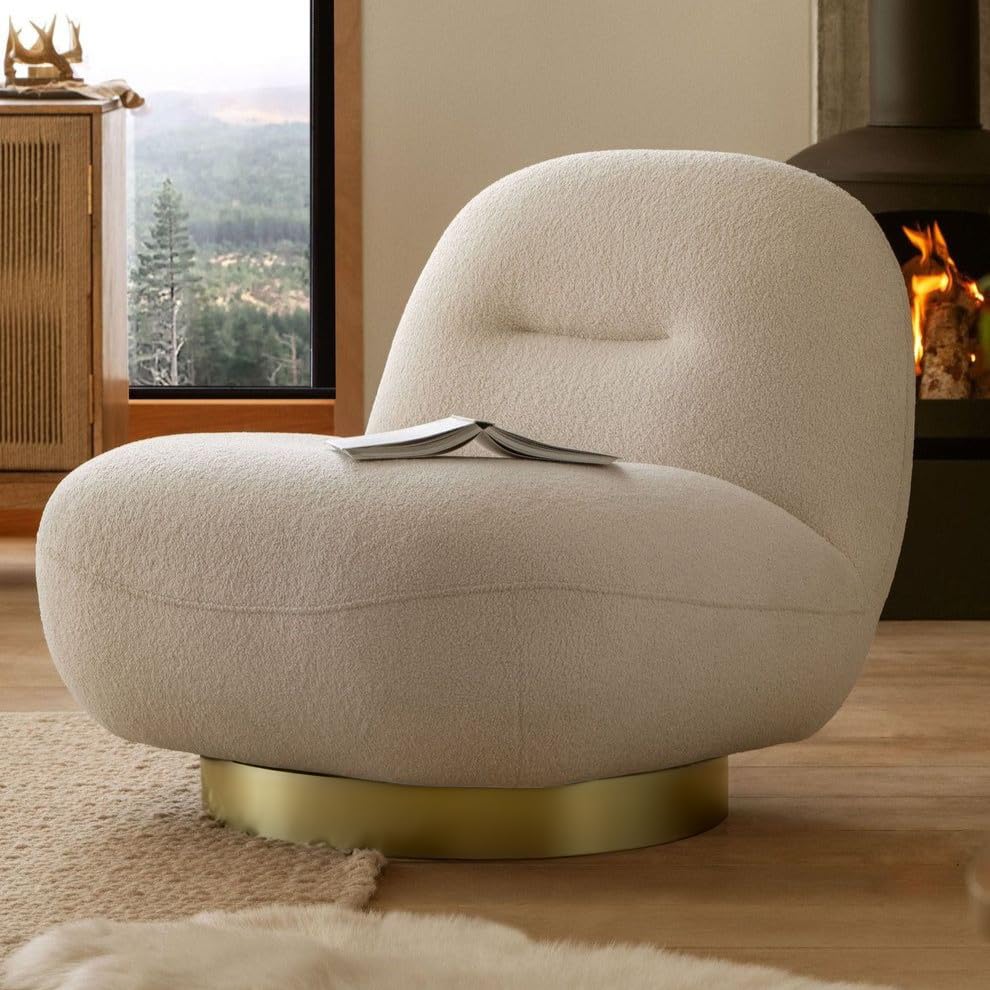 Image of Kingsman Furnitures Otis Swivel Accent Chair 360 Degree Rotating Luxury Lounge Chair for Living Room Bedroom | Premium Upholstery, Modern Design, Comfortable Seating (Boucle Fabric Matte Gold Base)