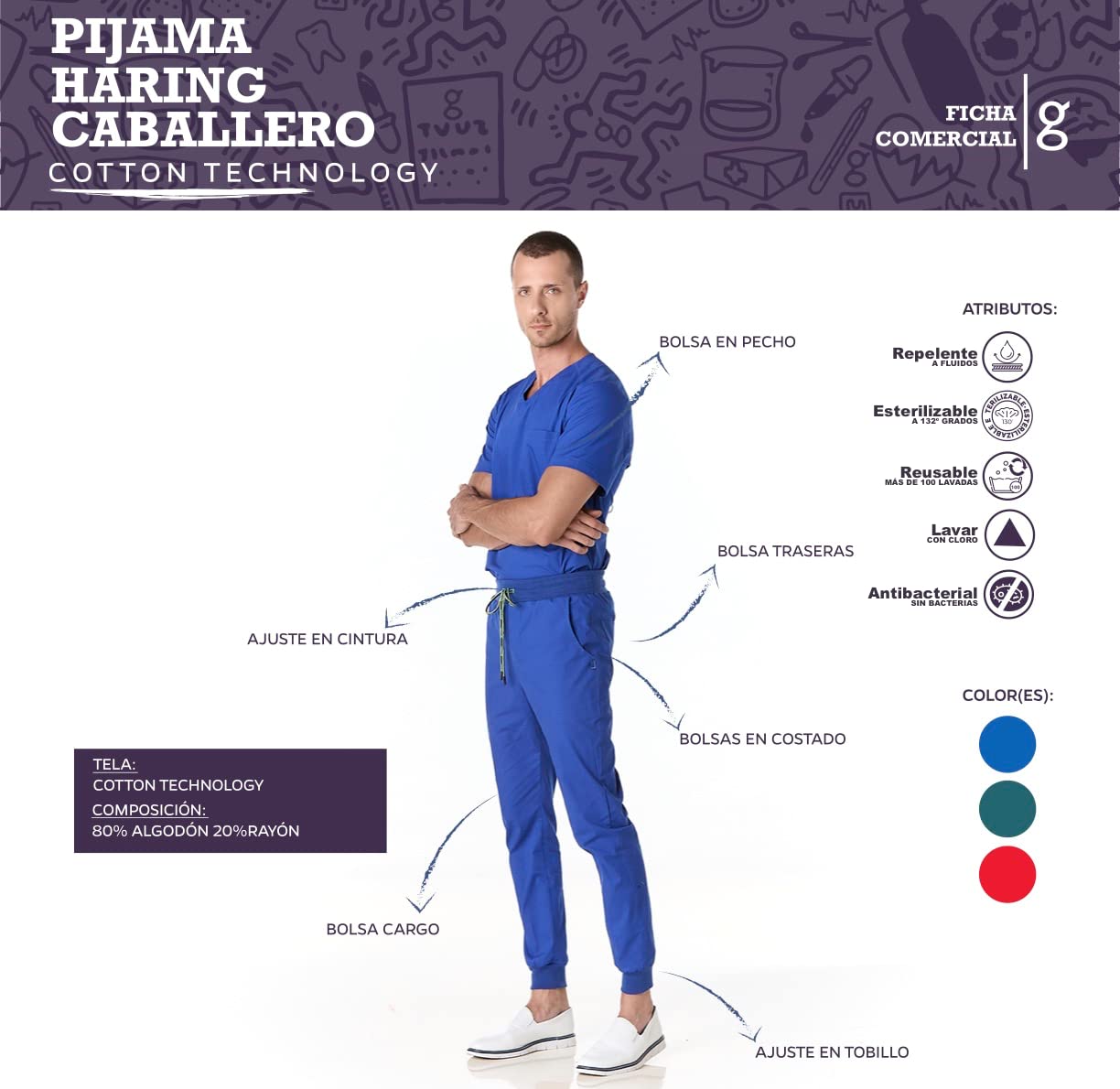 GALLANTDALE Mundur Sanitarny Piżama Odzież Robocza Haring Mężczyzna Antybakteryjny Odstraszacz Odporny Mundury Sanitarne Lekarz Weterynaryjny Kolory, Niebieski Król, XL-XXL