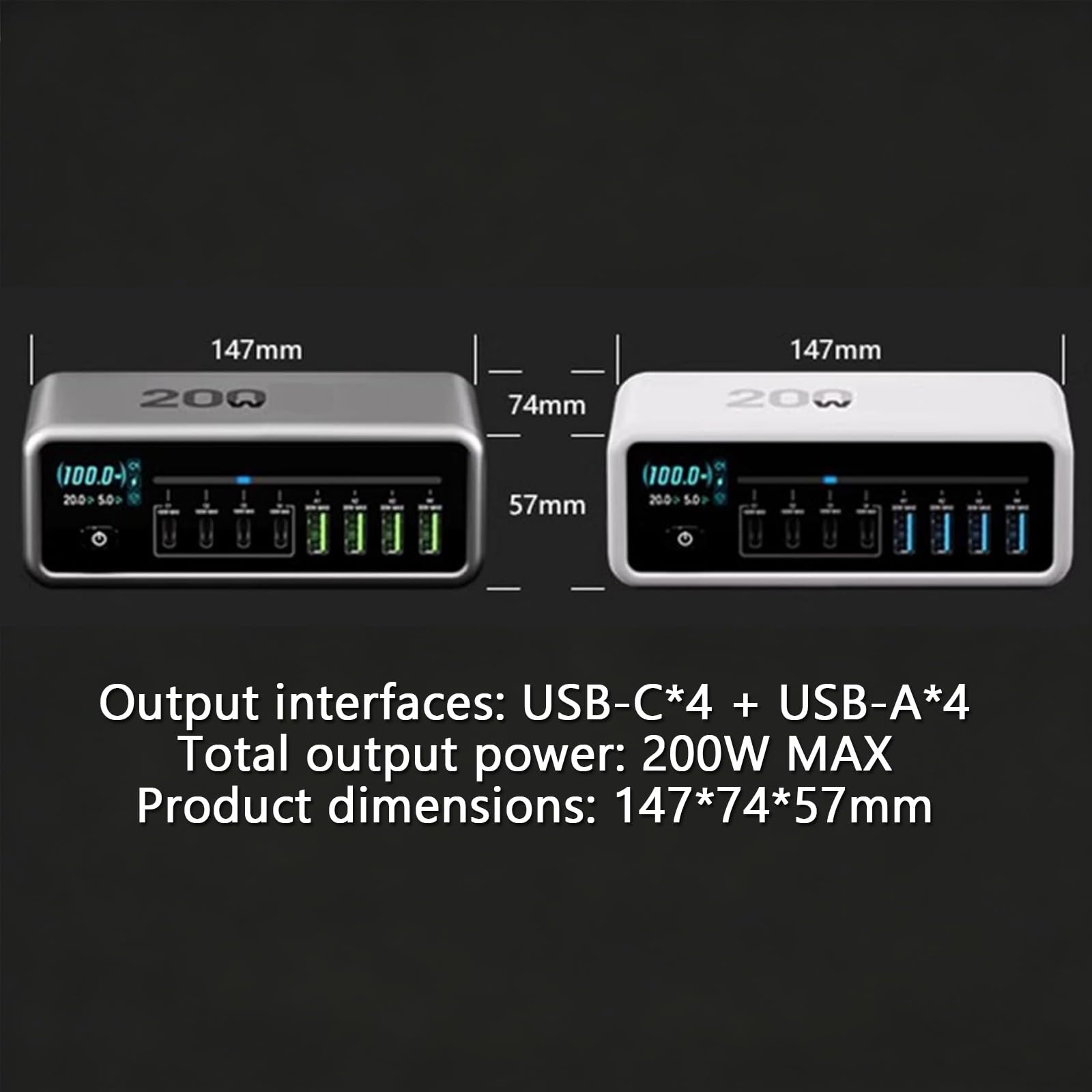 Ładowarka USB-C 200 W, 8-portowa stacja ładująca, wiele portów USB, wyświetlacz LCD, z 4 portami USB-C 100 W i 4 portami USB-A 30 W, do laptopa/telefonu