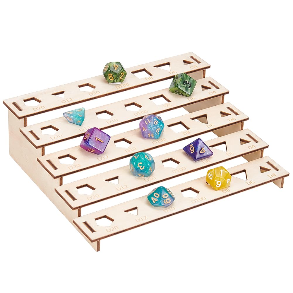 BENECREAT 5-Tier Wooden Dice Holder, 18.8x15x5.6cm/7.1x5.9x2.2 Inch Hold 35Pcs Polyhedral Dice Display Stand for Tabletop Gamers & Dice Collectors, Blanched Almond
