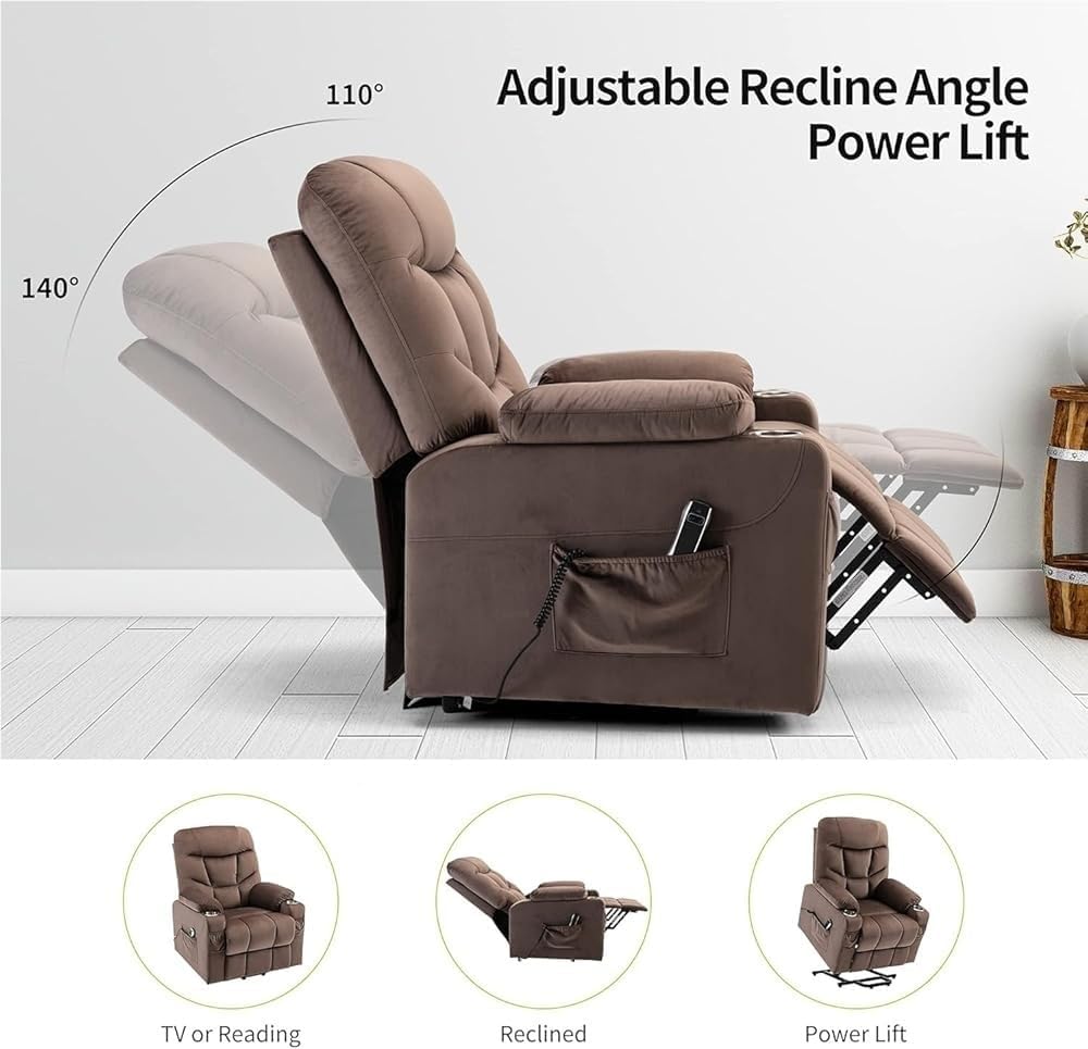Electric Lift Recliner Chair for Elderly Adults Velvet Fabric Sofa Powered by Motor with Side Pockets USB Ports Stainless Cup Holder Comfortable Living Room Bedroom