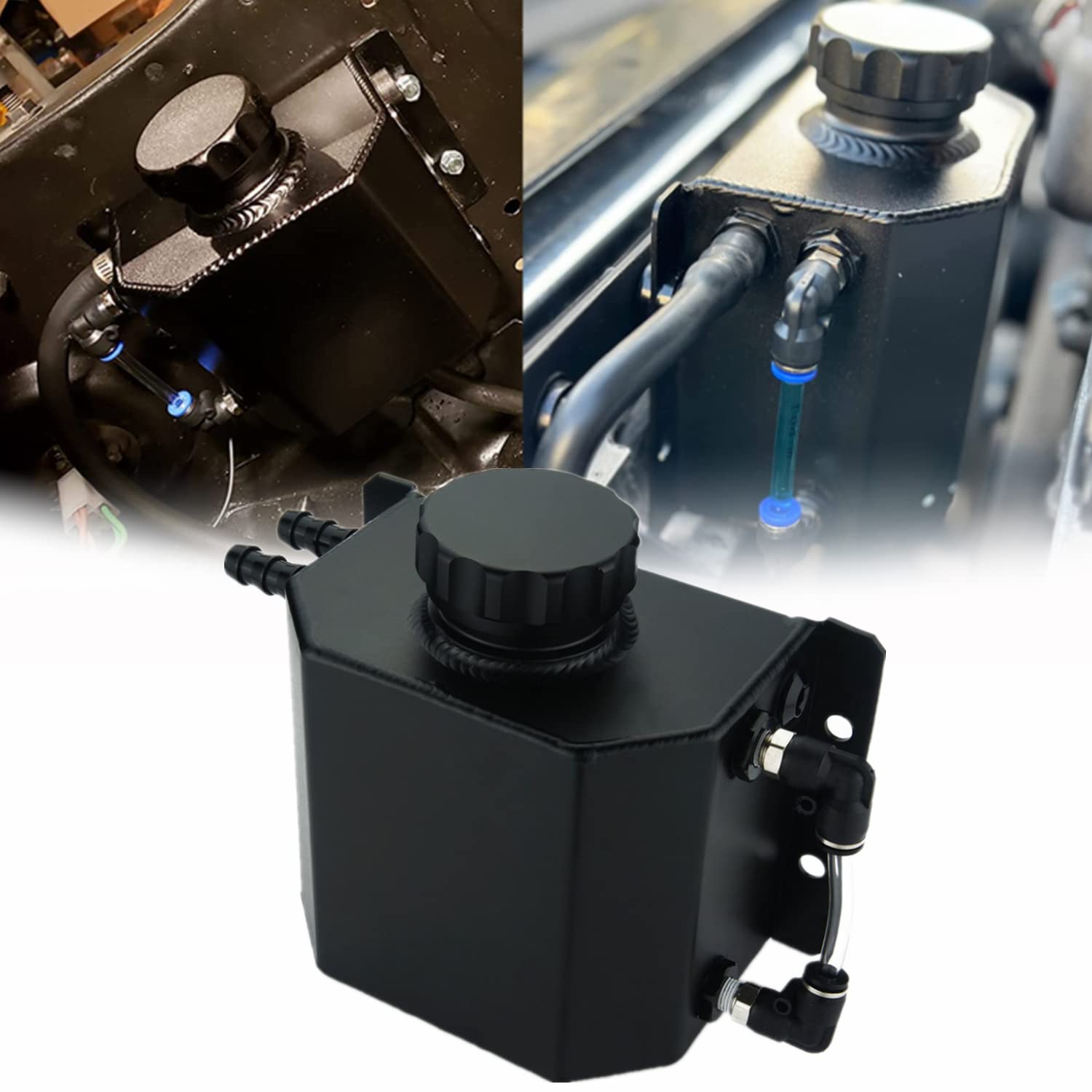 Universal 1L 2L Aluminium-Radiator Legierung Kühlmittel Expansion-Tank mit Abfluss Stopfen (1L Black)