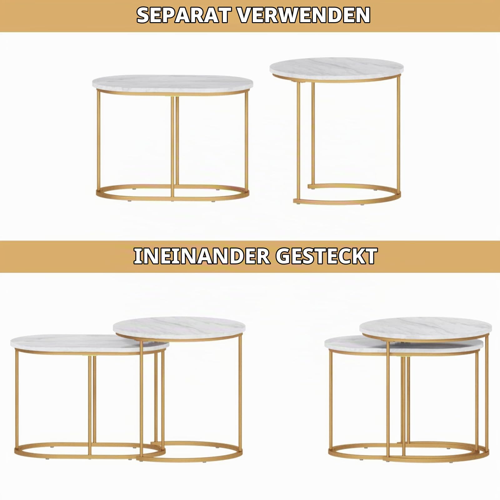 SogesHome Satztische fürs Wohnzimmer 2er Set Couchtisch Beistelltisch Sets Wohnzimmertisch Nachttisch Satztisch Pflanztisch mit Metallgestell, einfacher Aufbau
