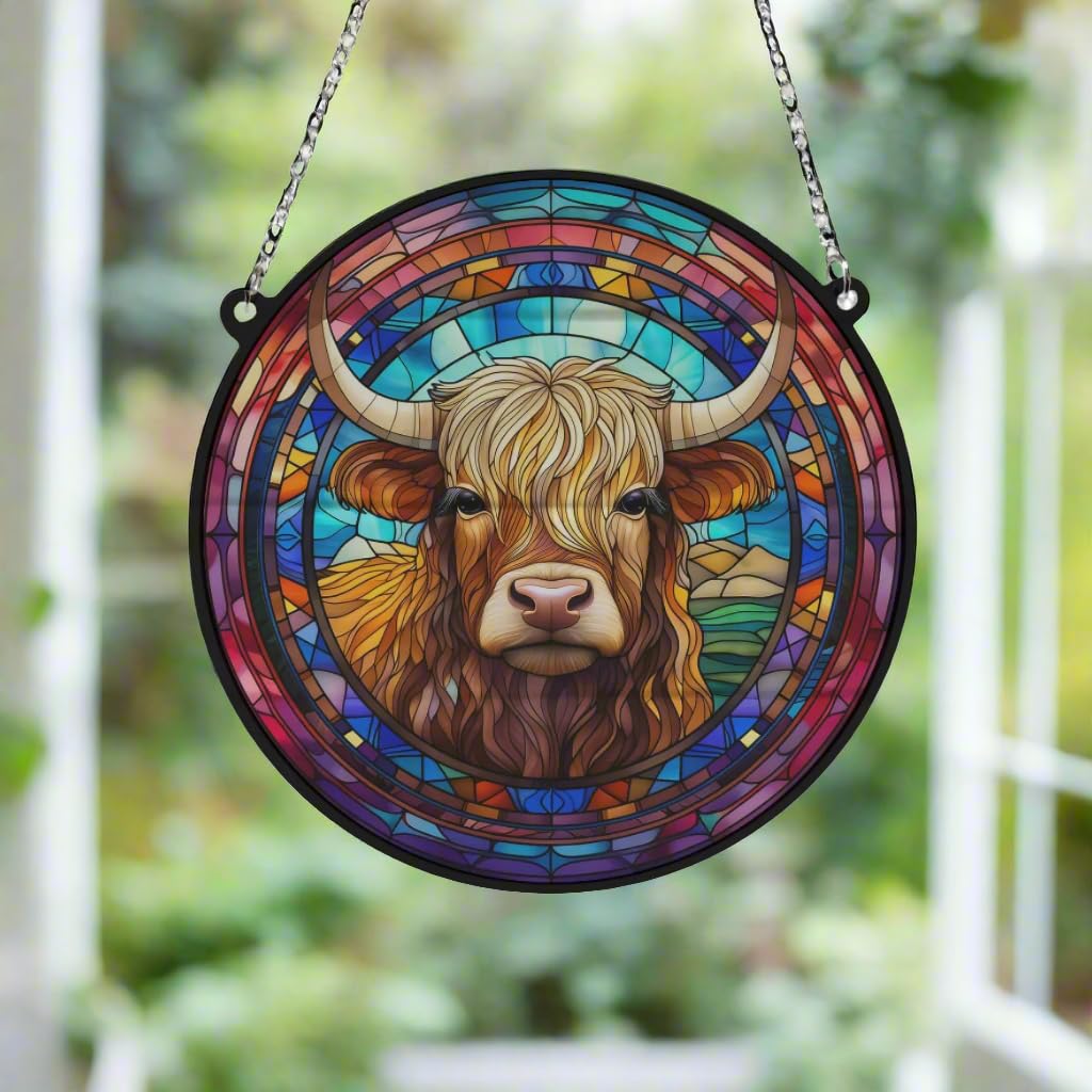 Highland Cow Stained Glass Effect Suncatcher - Garden Gift - Animal Lovers - Highland Lovers (19cm), Multicolored - Image 3