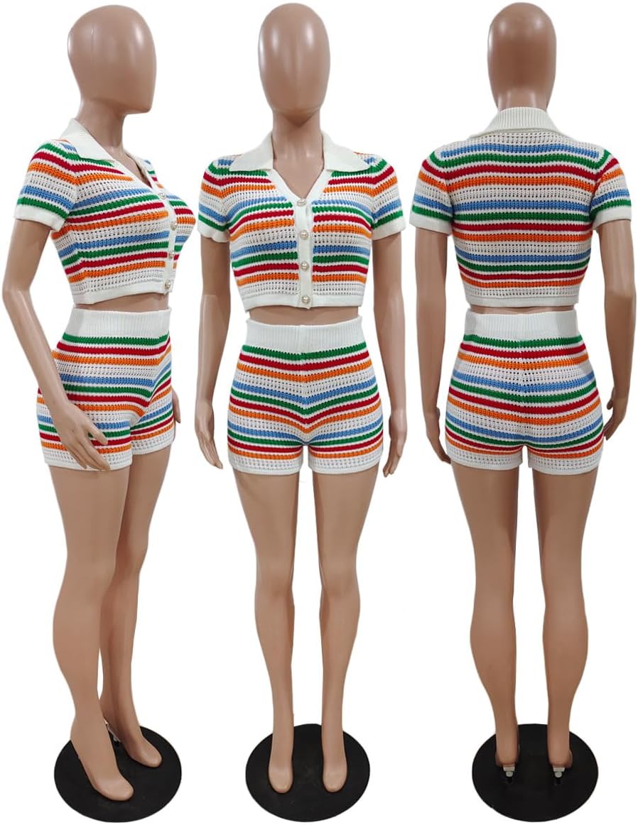 cu4eve Crochet Sets Two Piece Women Summer Causal Knit Short Sleeve Button Down Shirt and Shorts Matching Set Jumpsuit - Image 4